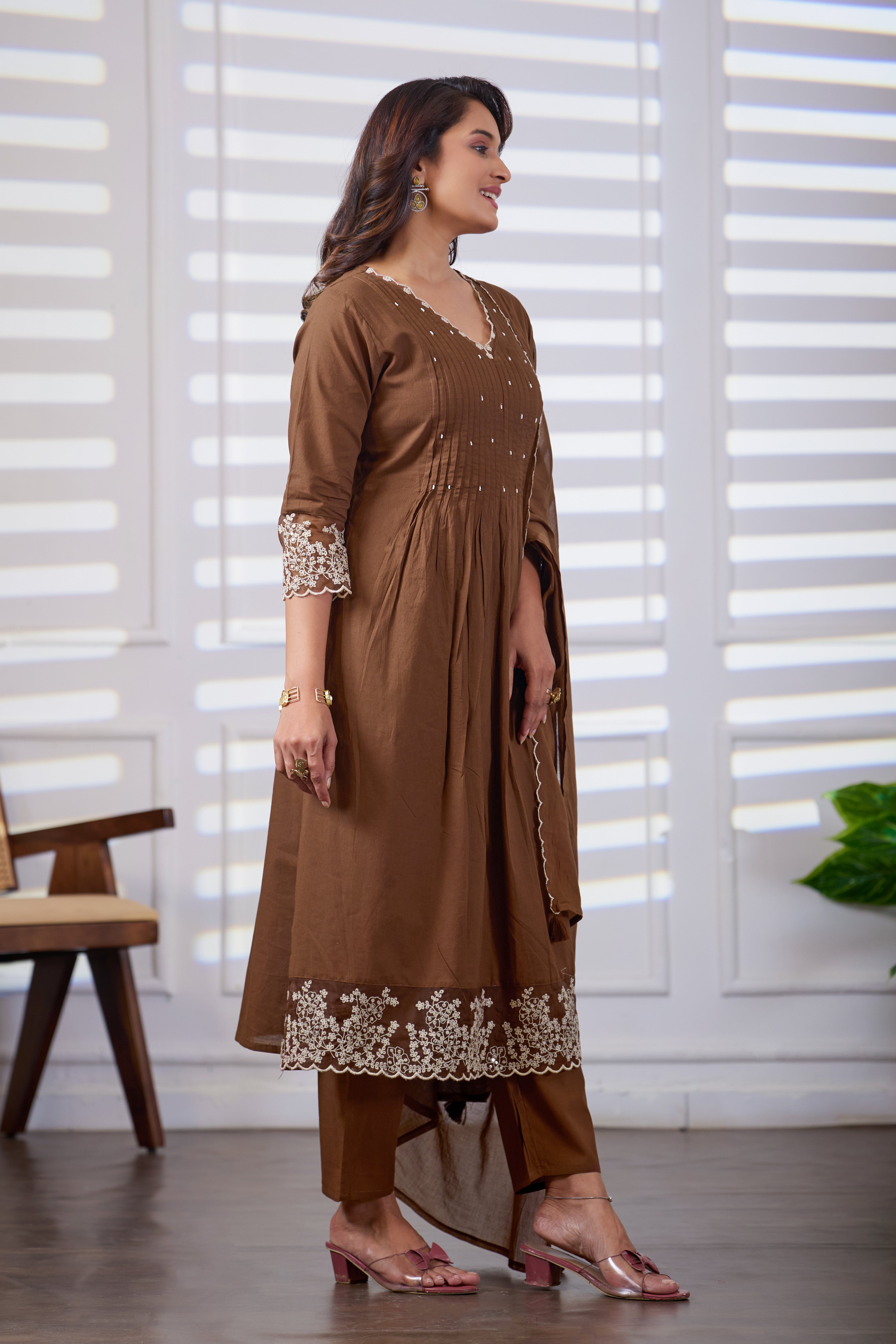VARAMYA Brown A-line Cotton Suit