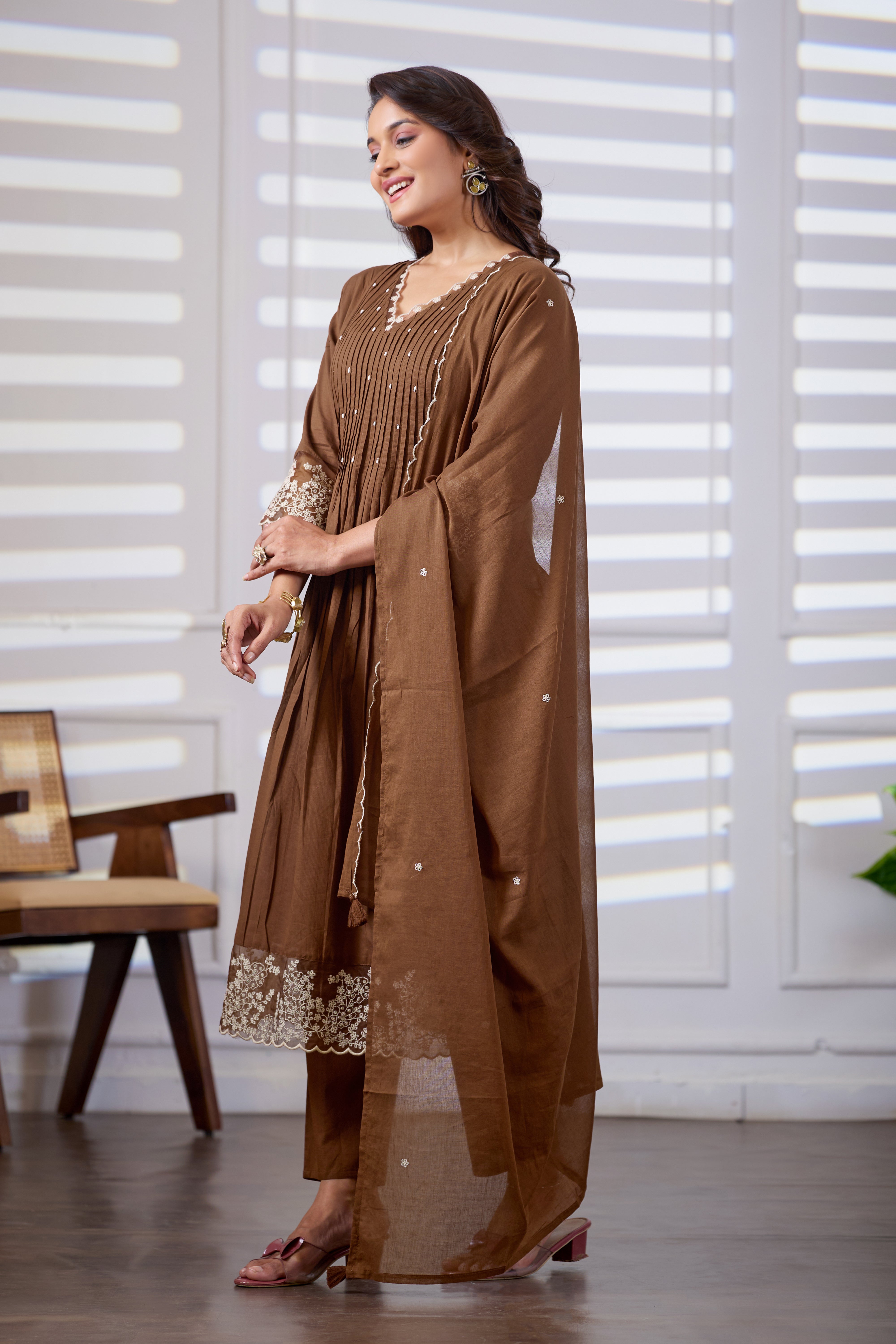 VARAMYA Brown A-line Cotton Suit