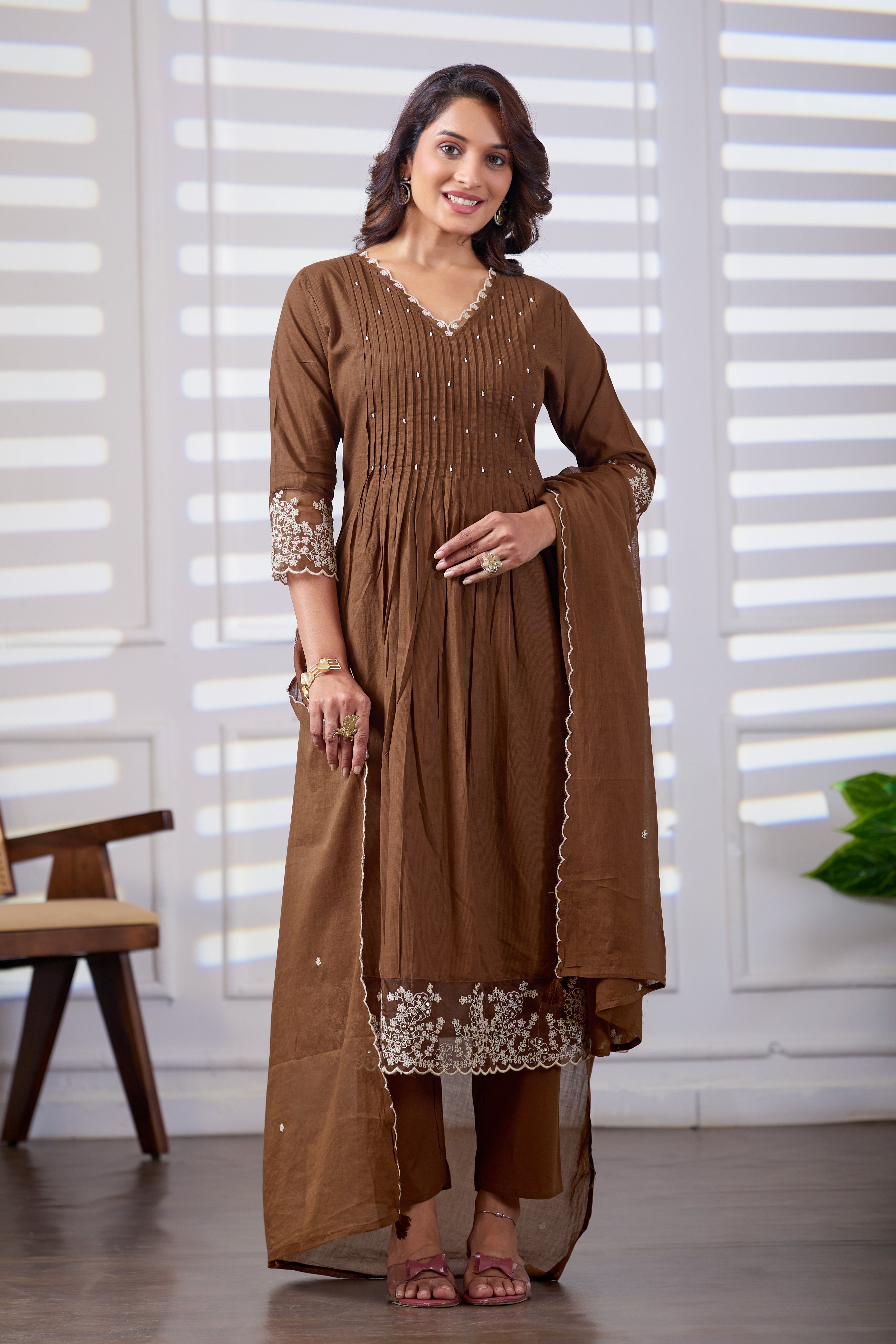 VARAMYA Brown A-line Cotton Suit