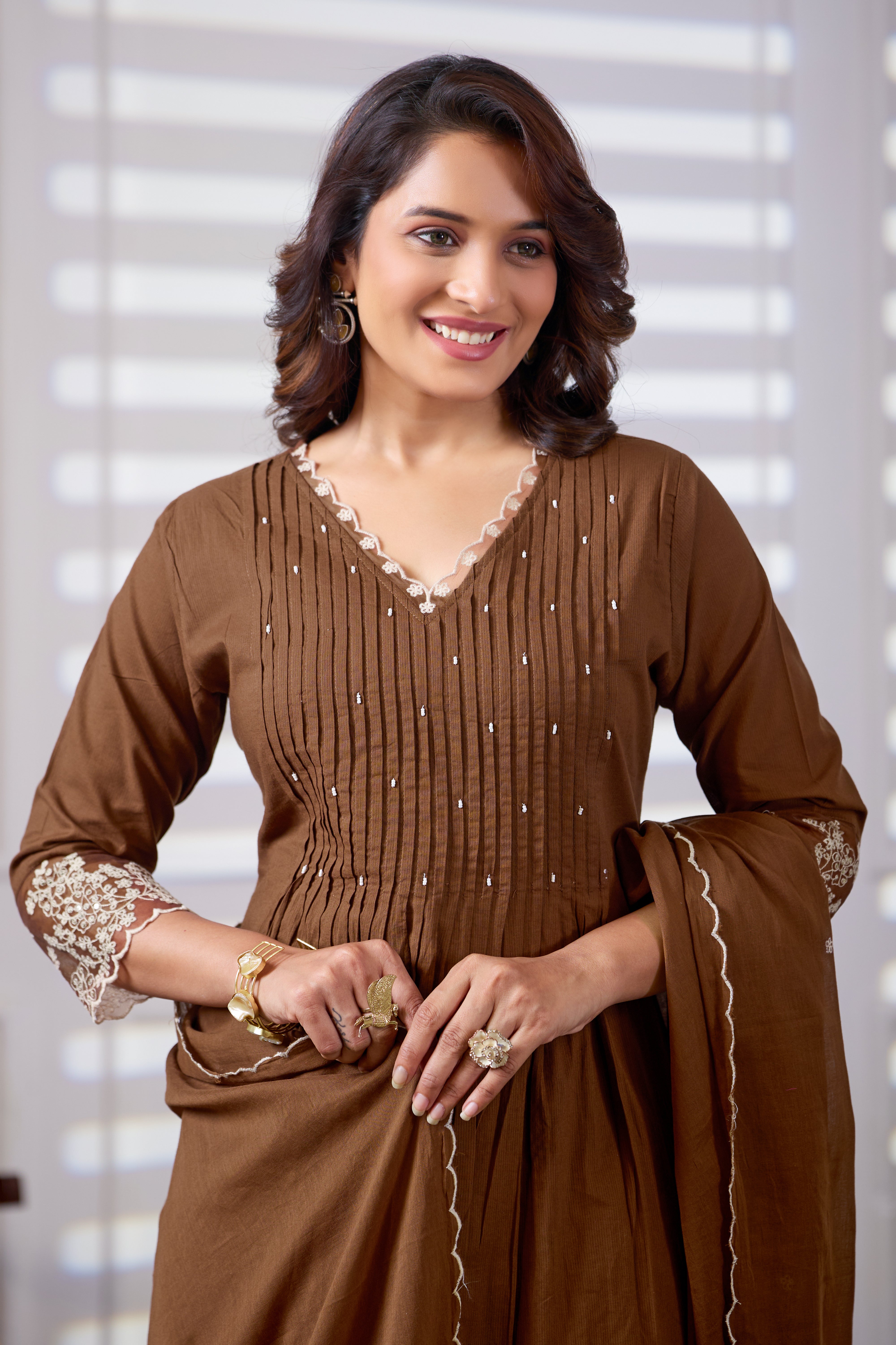 VARAMYA Brown A-line Cotton Suit