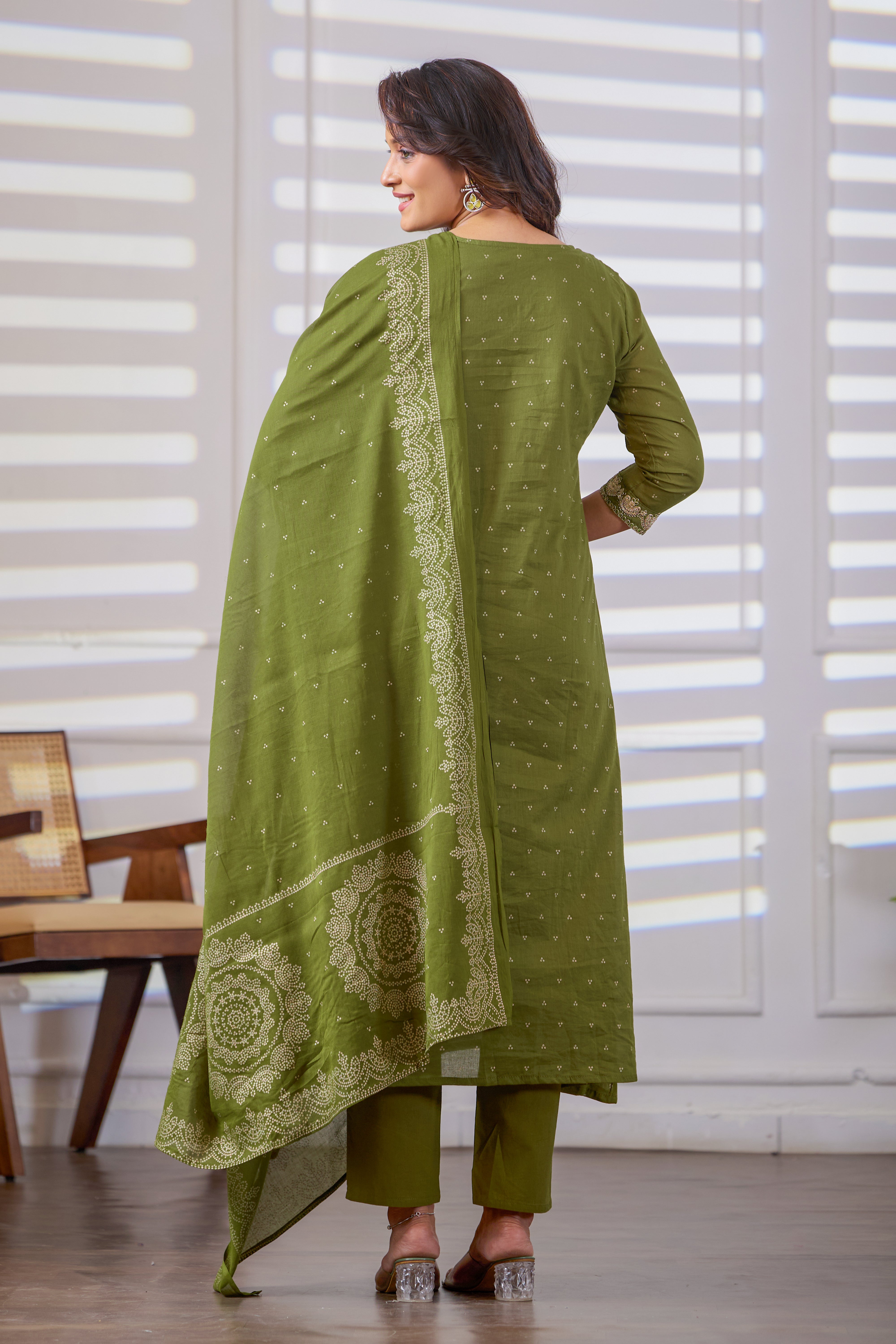 VARAMYA Olive Green Cotton Embroidered Suit Set with Dupatta