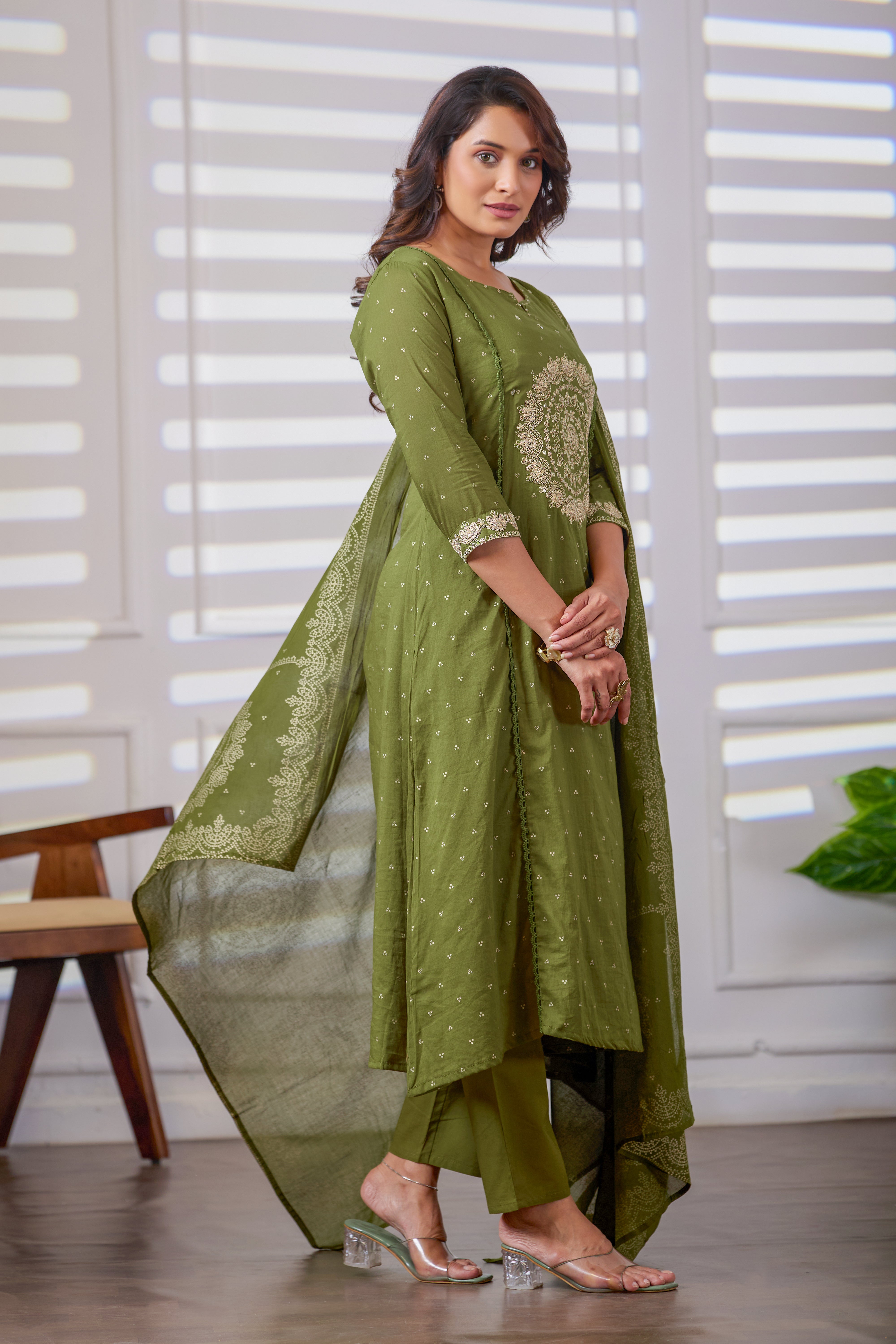 VARAMYA Olive Green Cotton Embroidered Suit Set with Dupatta