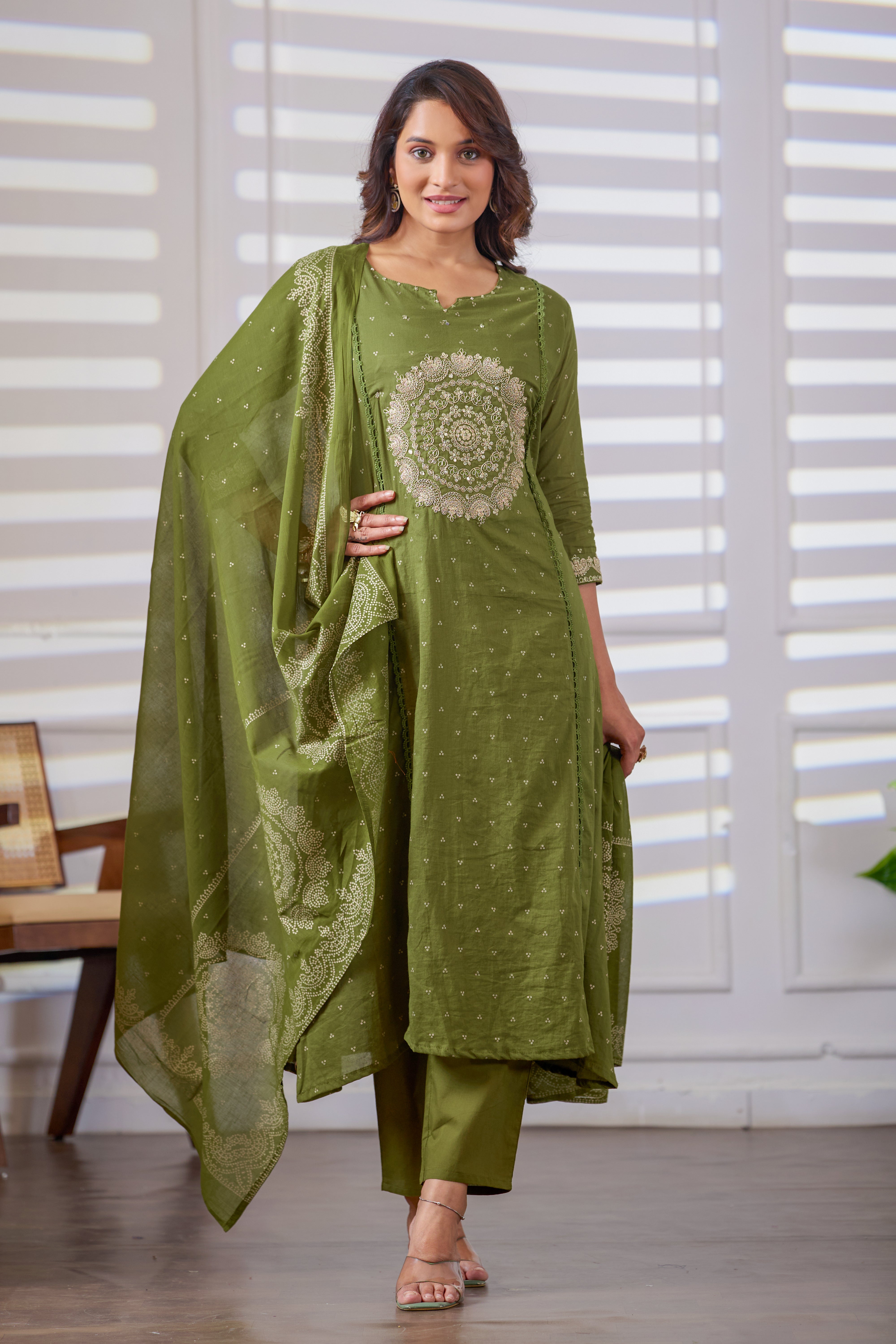 VARAMYA Olive Green Cotton Embroidered Suit Set with Dupatta
