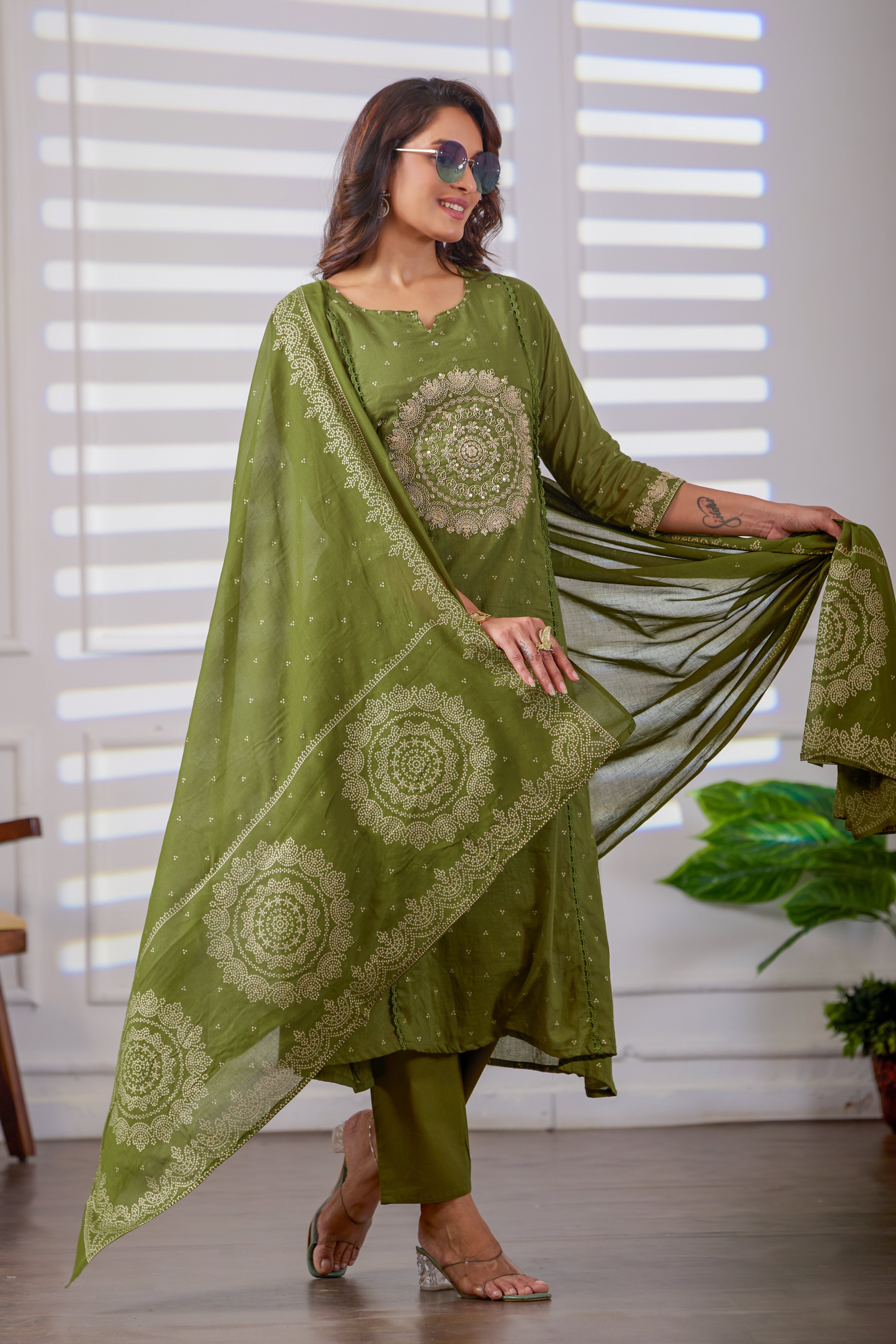VARAMYA Olive Green Cotton Embroidered Suit Set with Dupatta