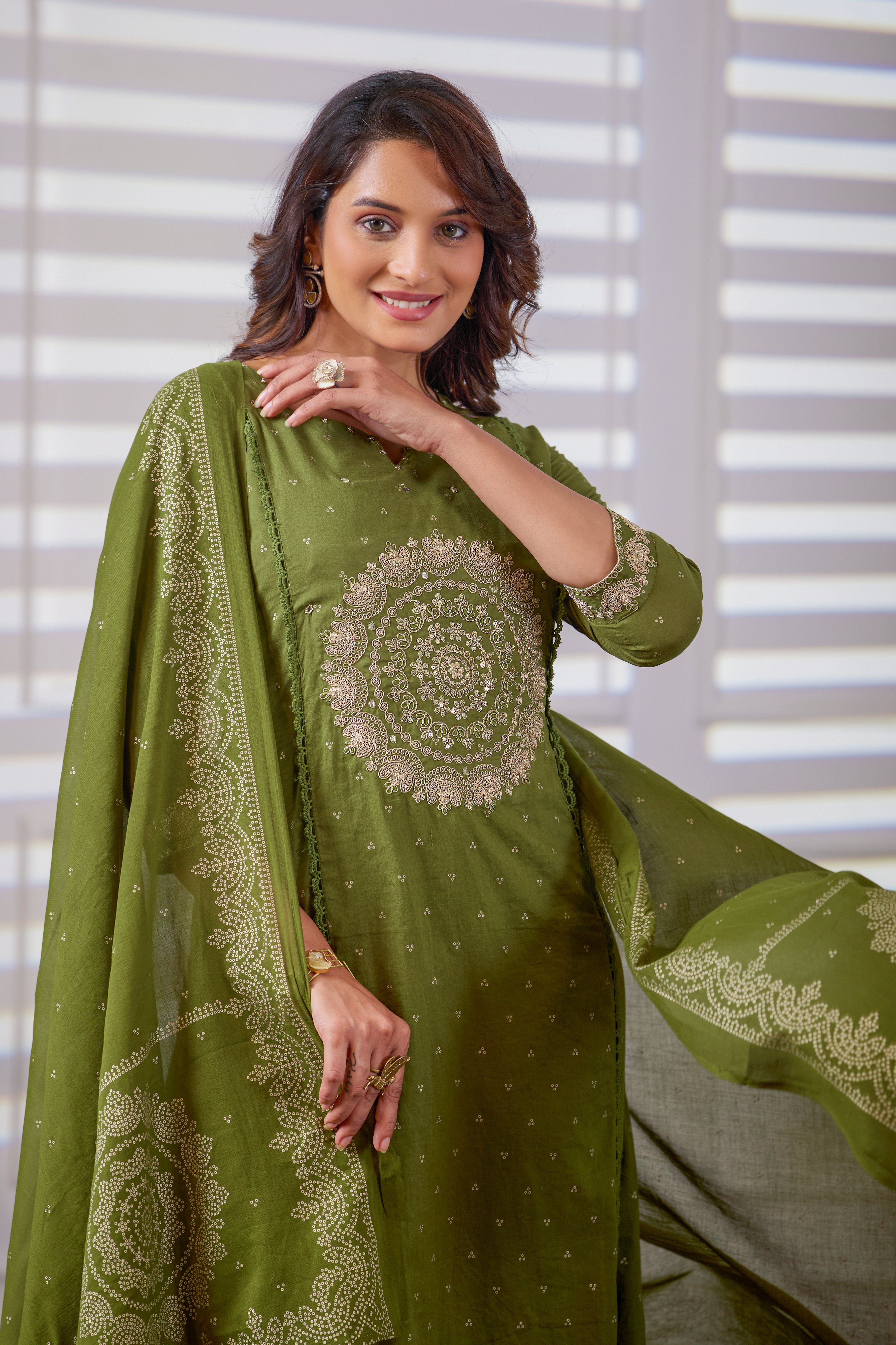 VARAMYA Olive Green Cotton Embroidered Suit Set with Dupatta