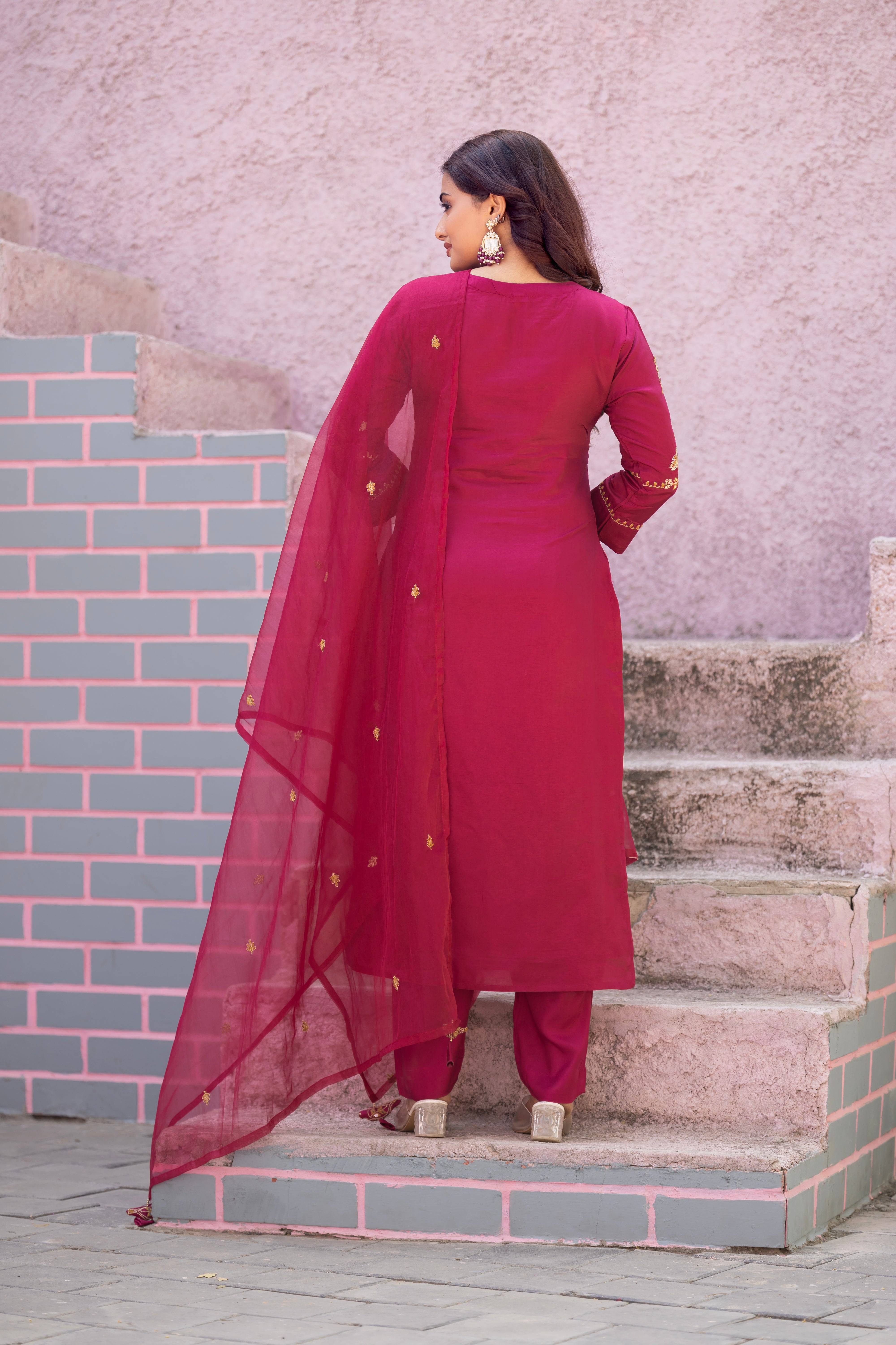 VARAMYA Wine Silk Straight Suit