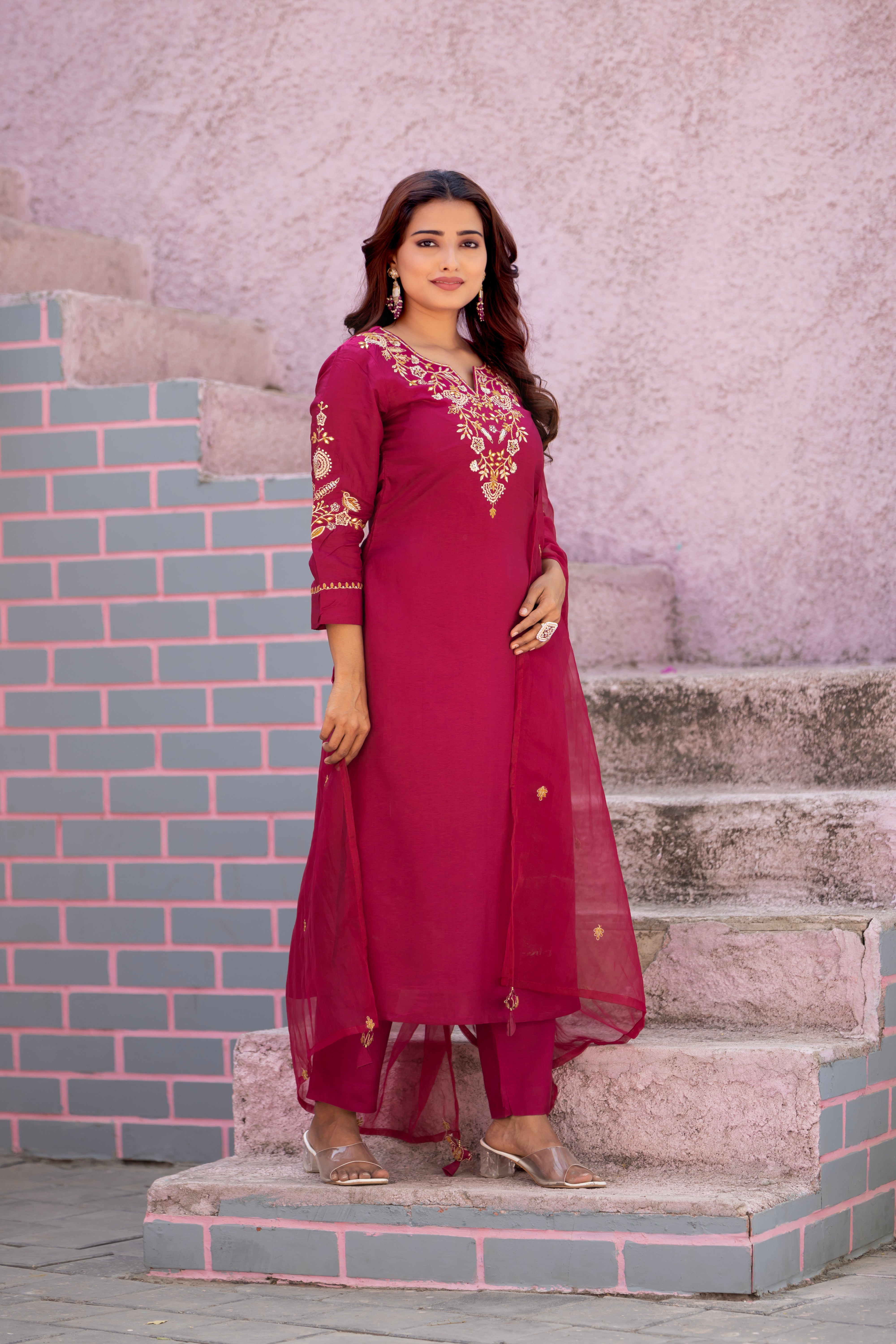 VARAMYA Wine Silk Straight Suit