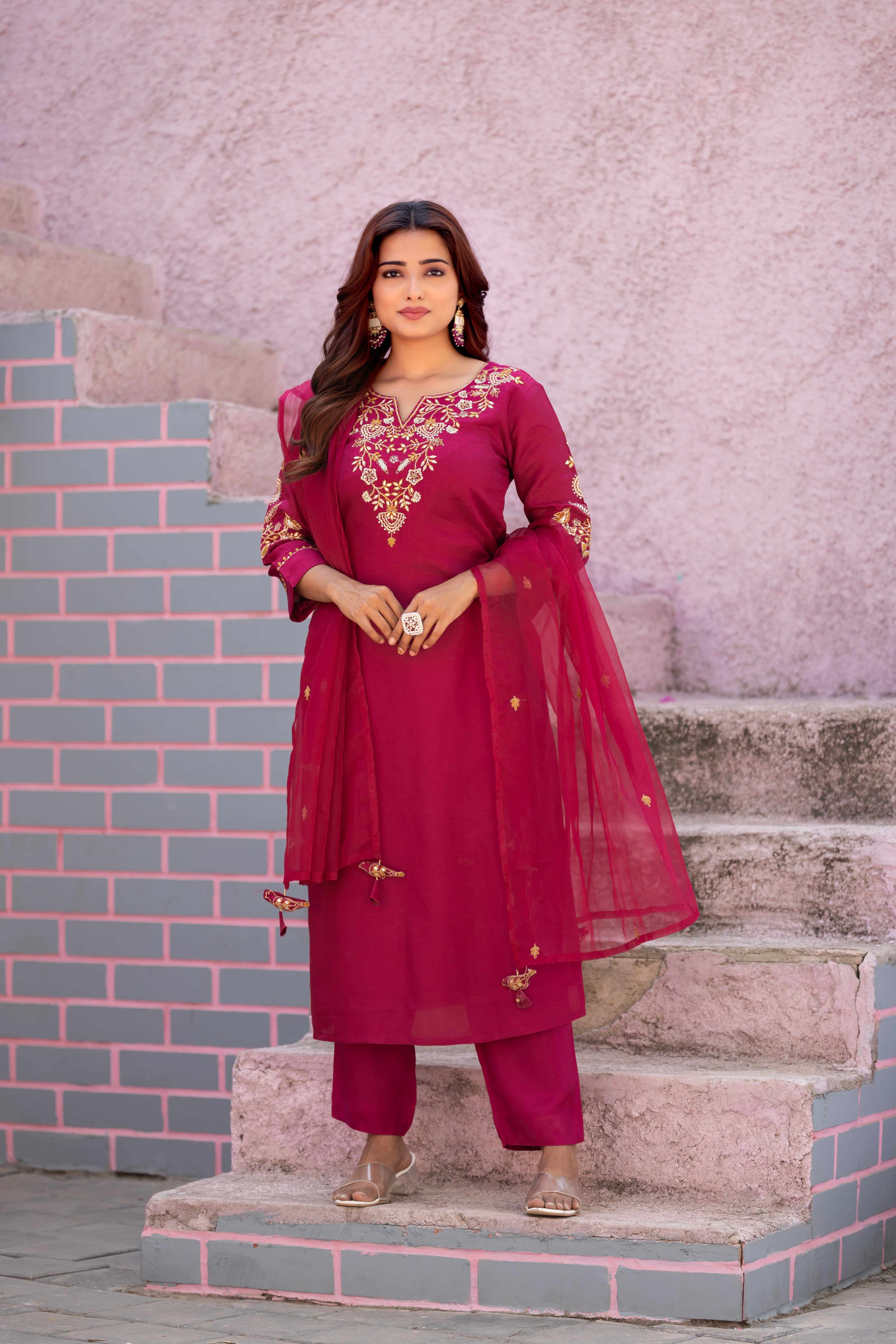 VARAMYA Wine Silk Straight Suit