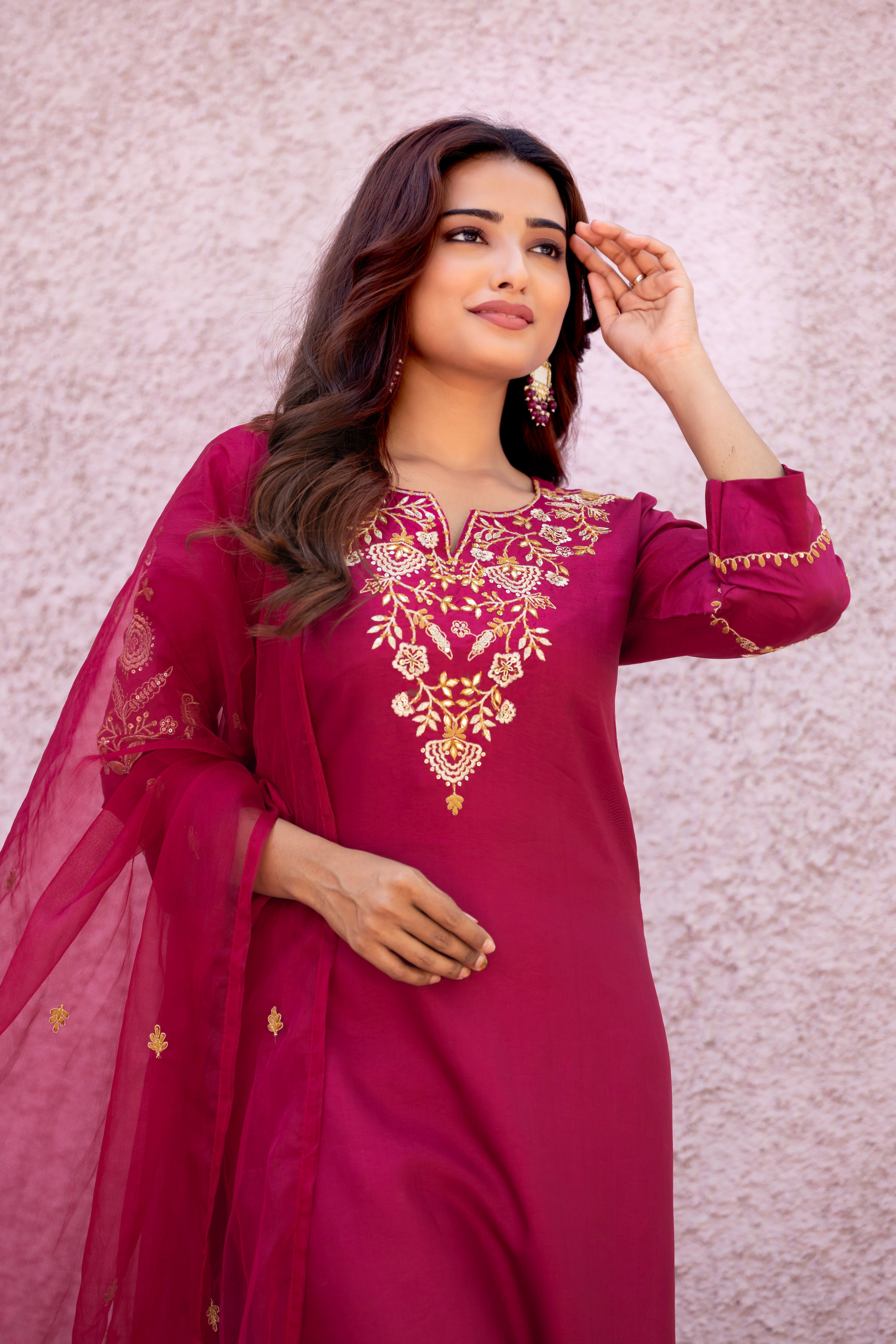 VARAMYA Wine Silk Straight Suit