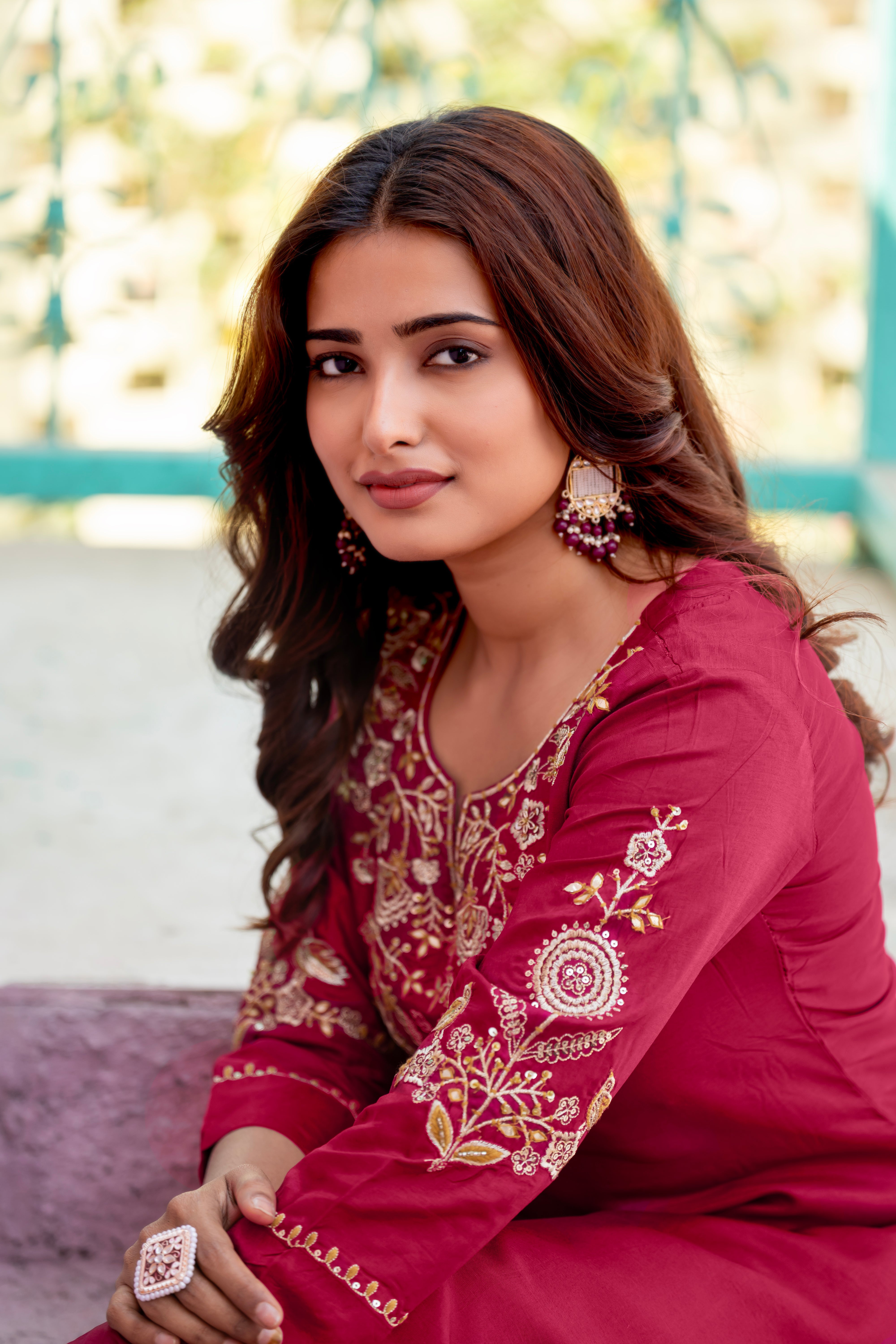 VARAMYA Wine Silk Straight Suit