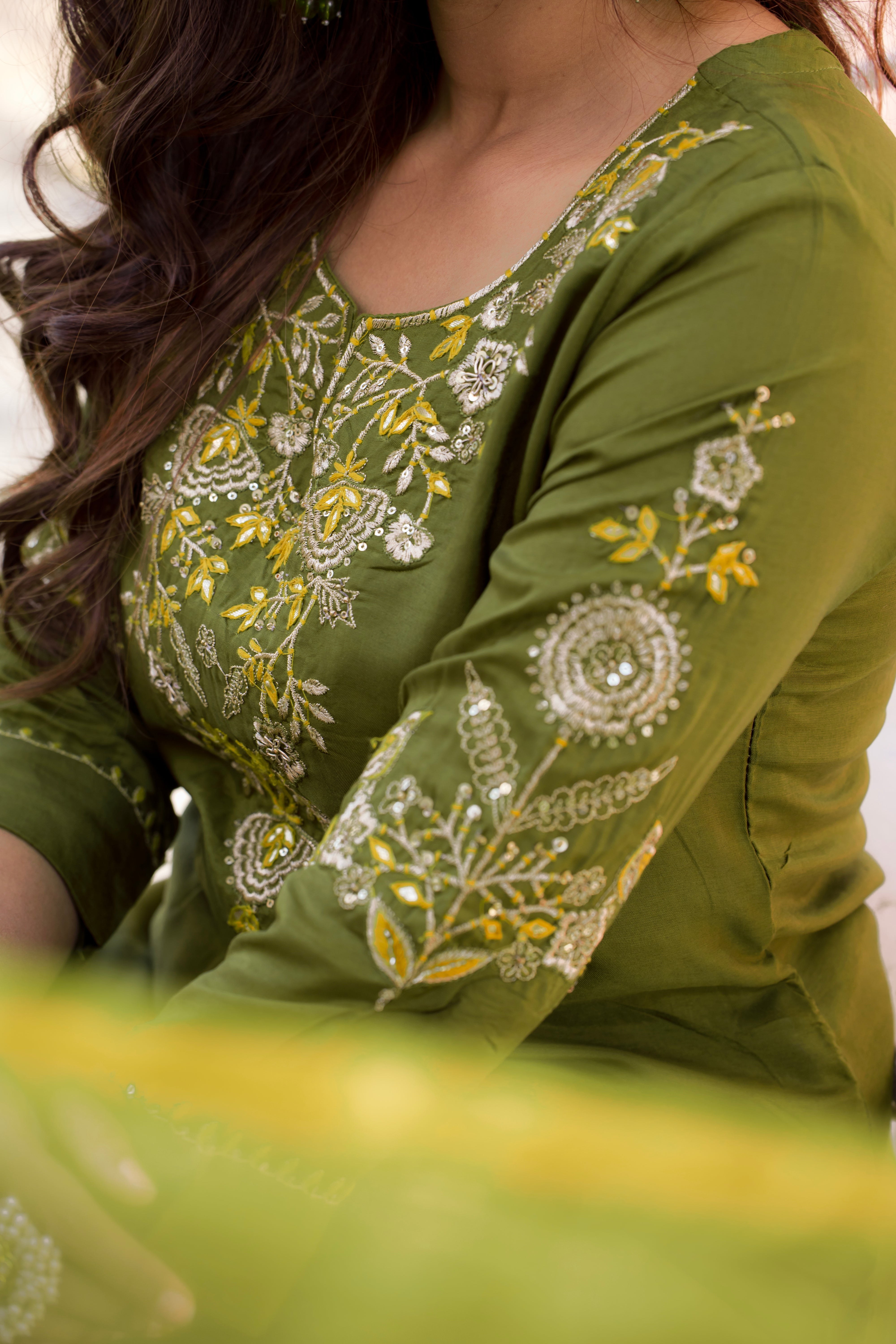 VARAMYA GREEN Silk Straight Suit