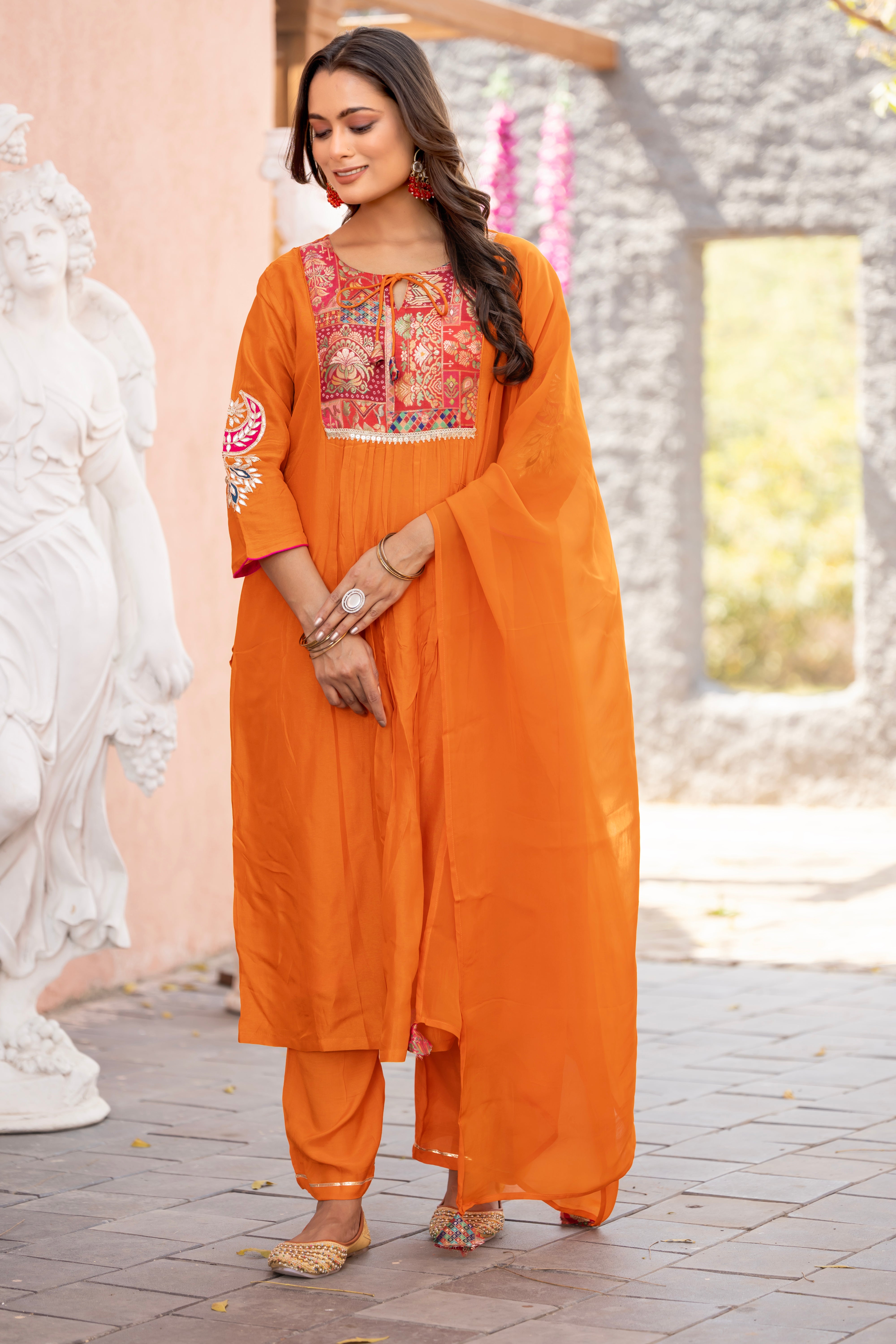 VARAMYA A-Line Gota-Patti Orange Straight Suit Set