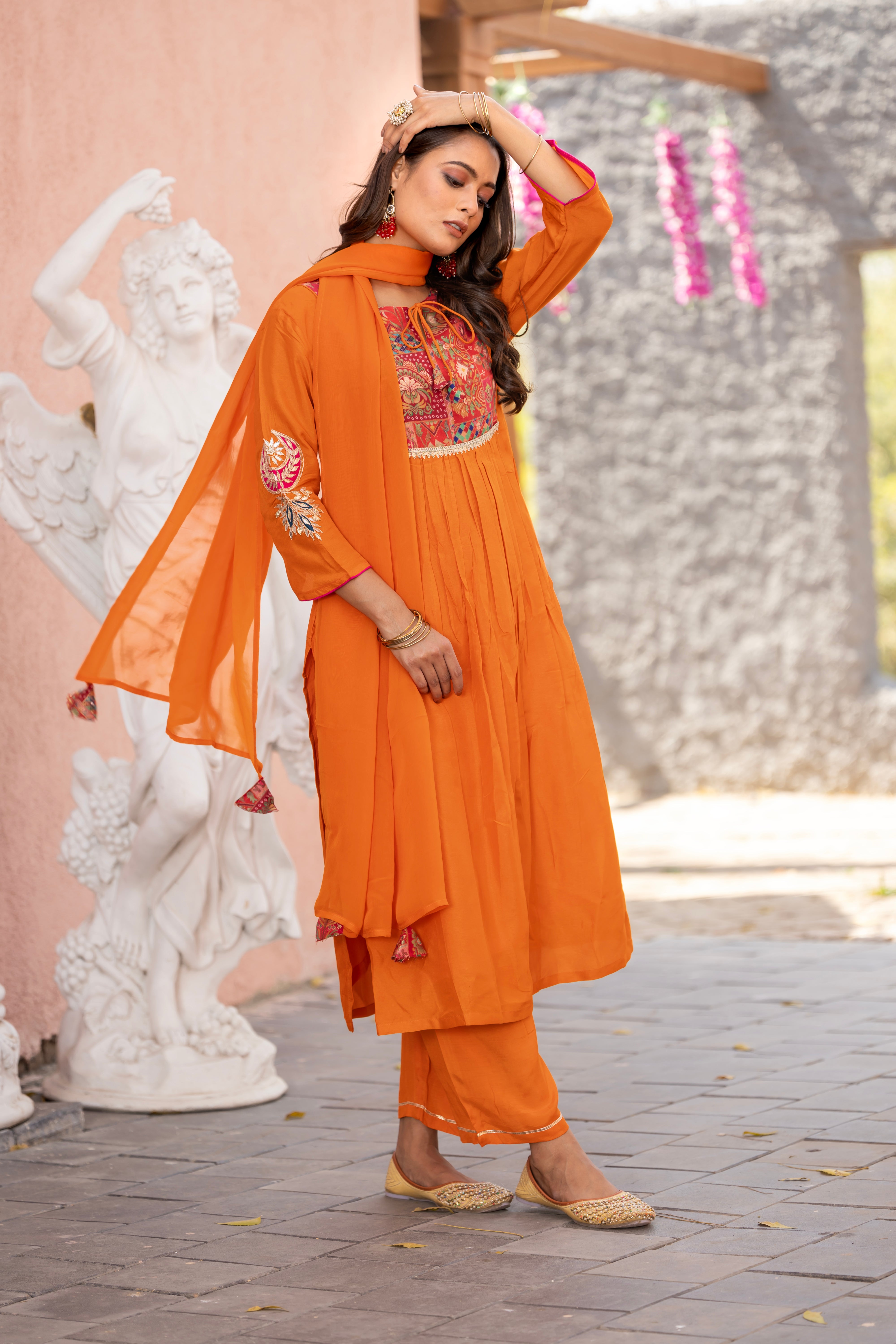 VARAMYA A-Line Gota-Patti Orange Straight Suit Set