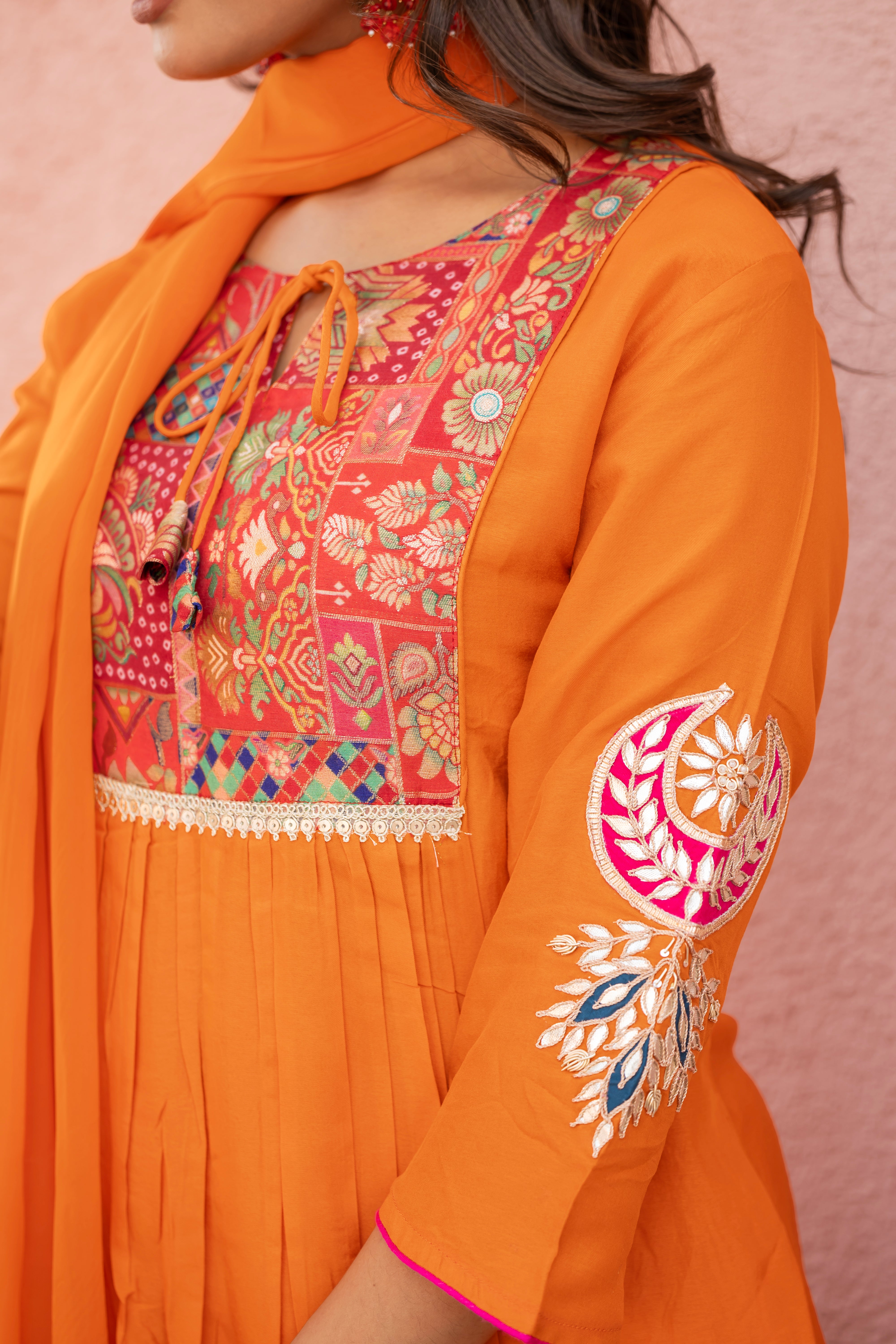VARAMYA A-Line Gota-Patti Orange Straight Suit Set
