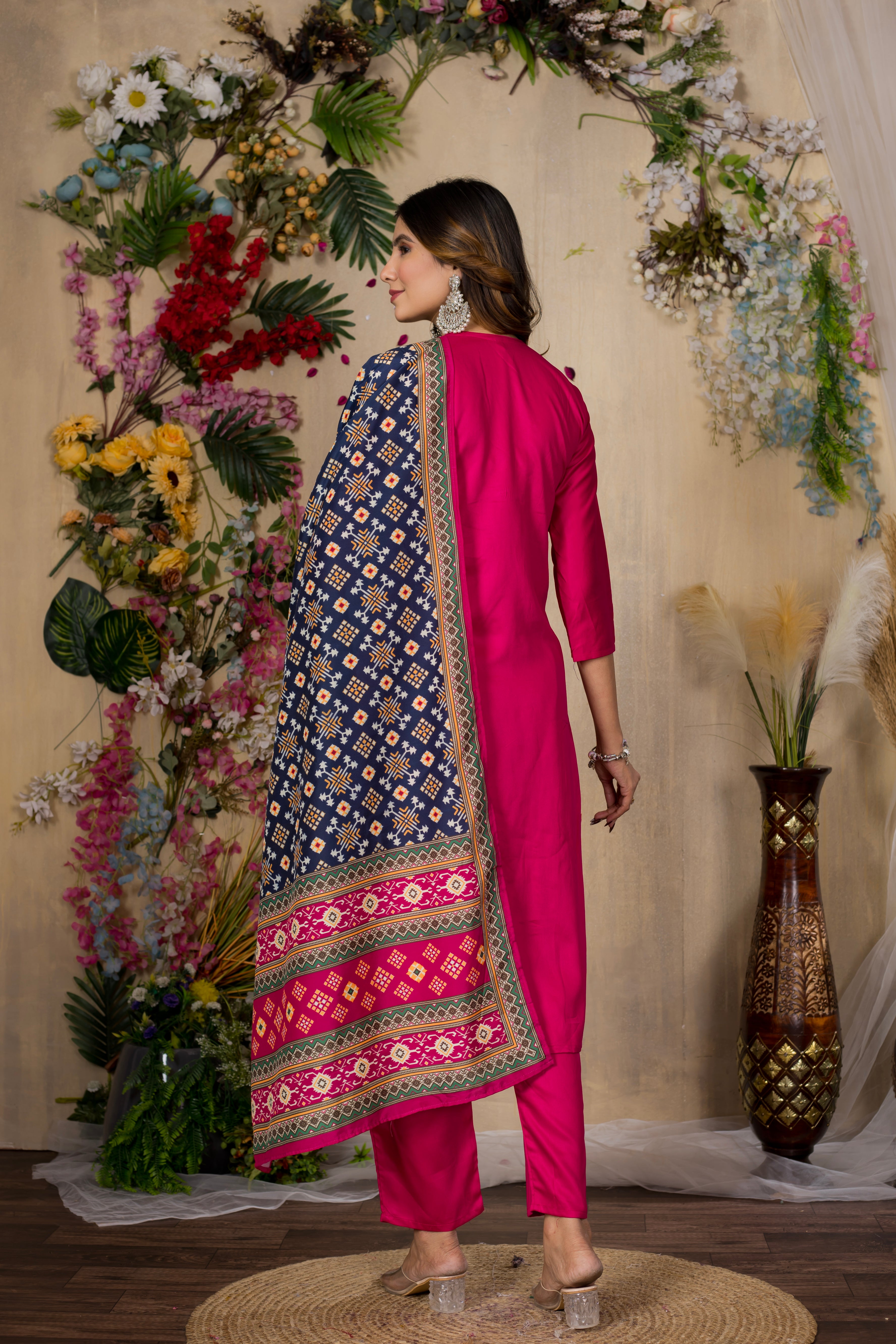 VARAMYA Pink Straight Silk Suit