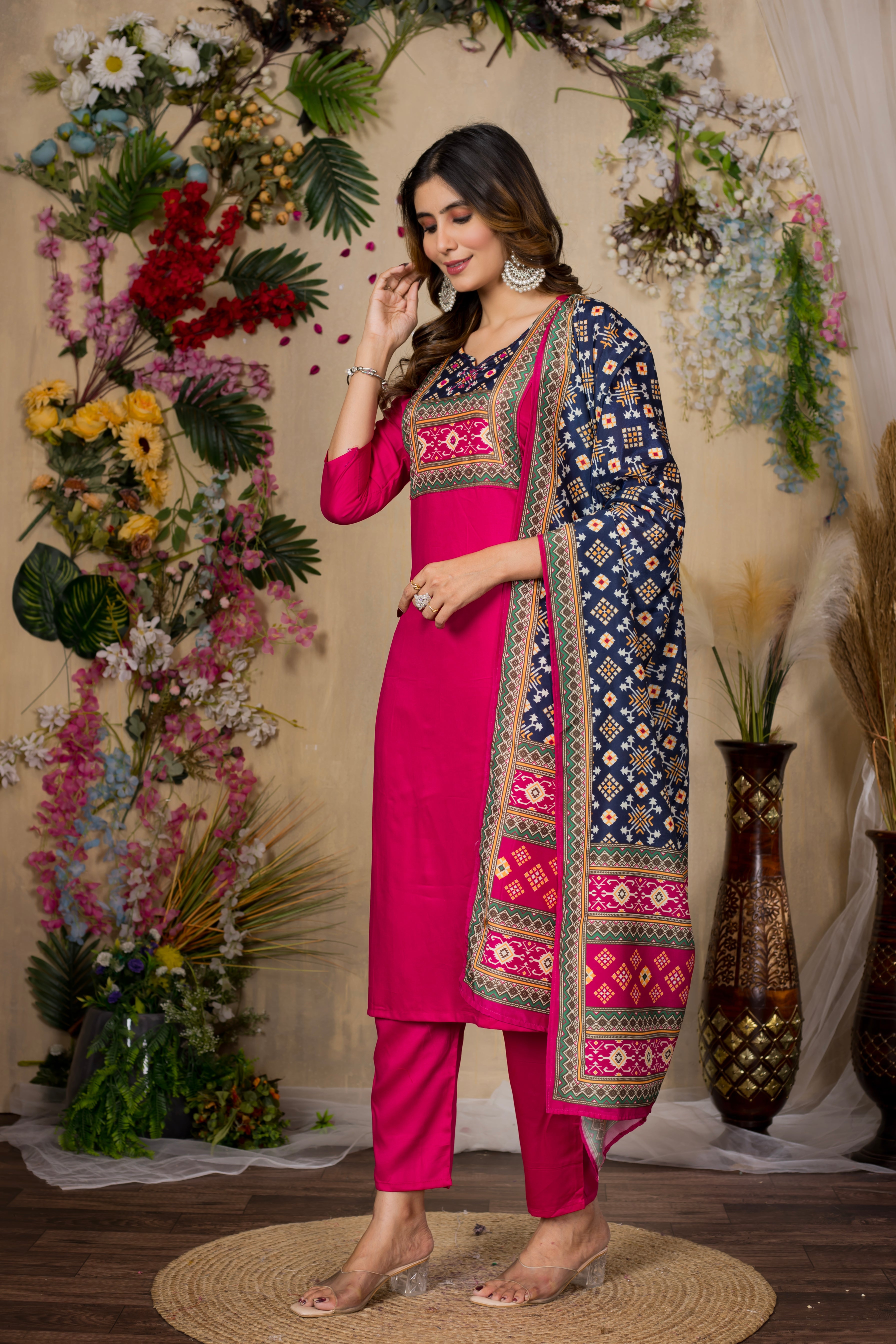 VARAMYA Pink Straight Silk Suit