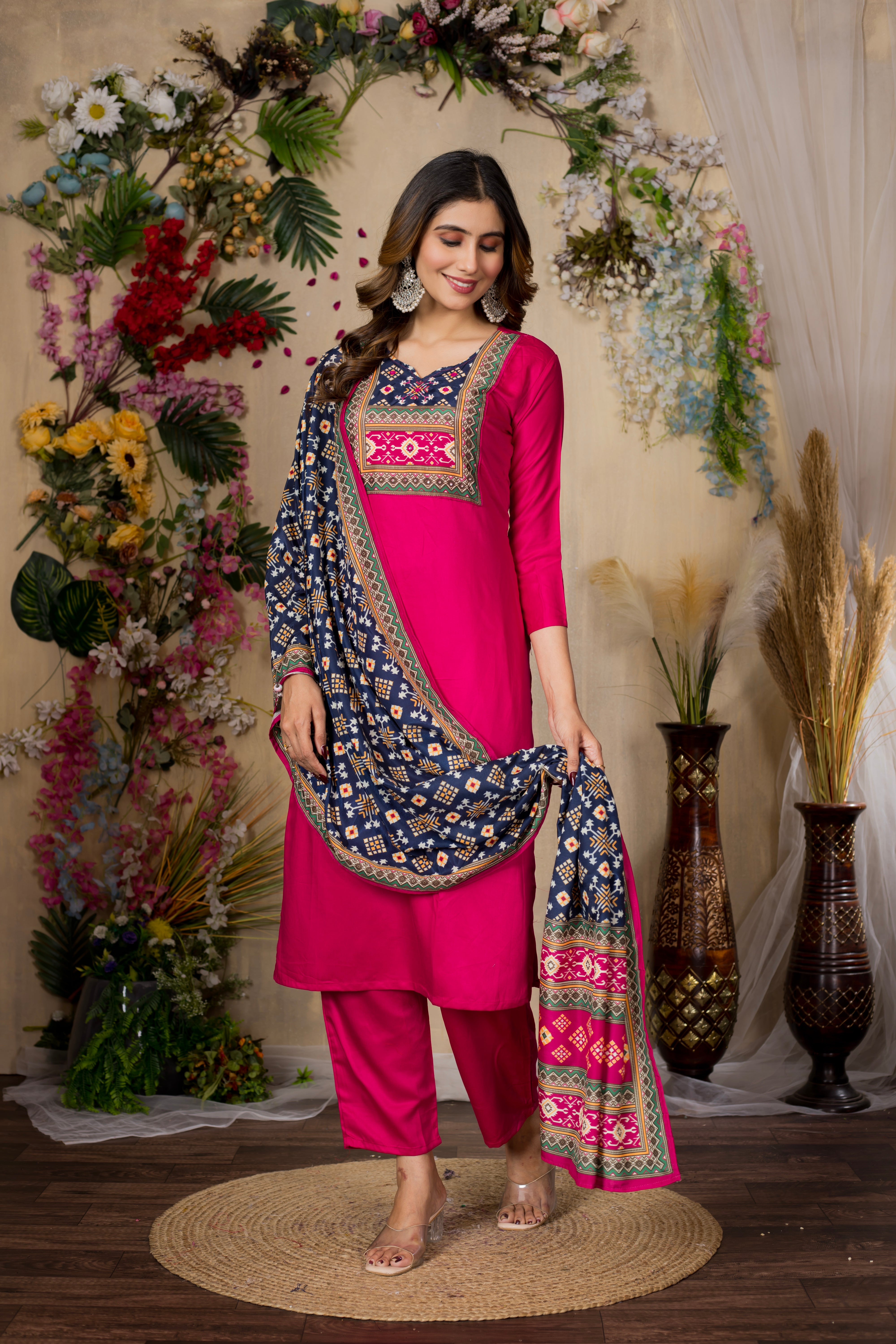 VARAMYA Pink Straight Silk Suit