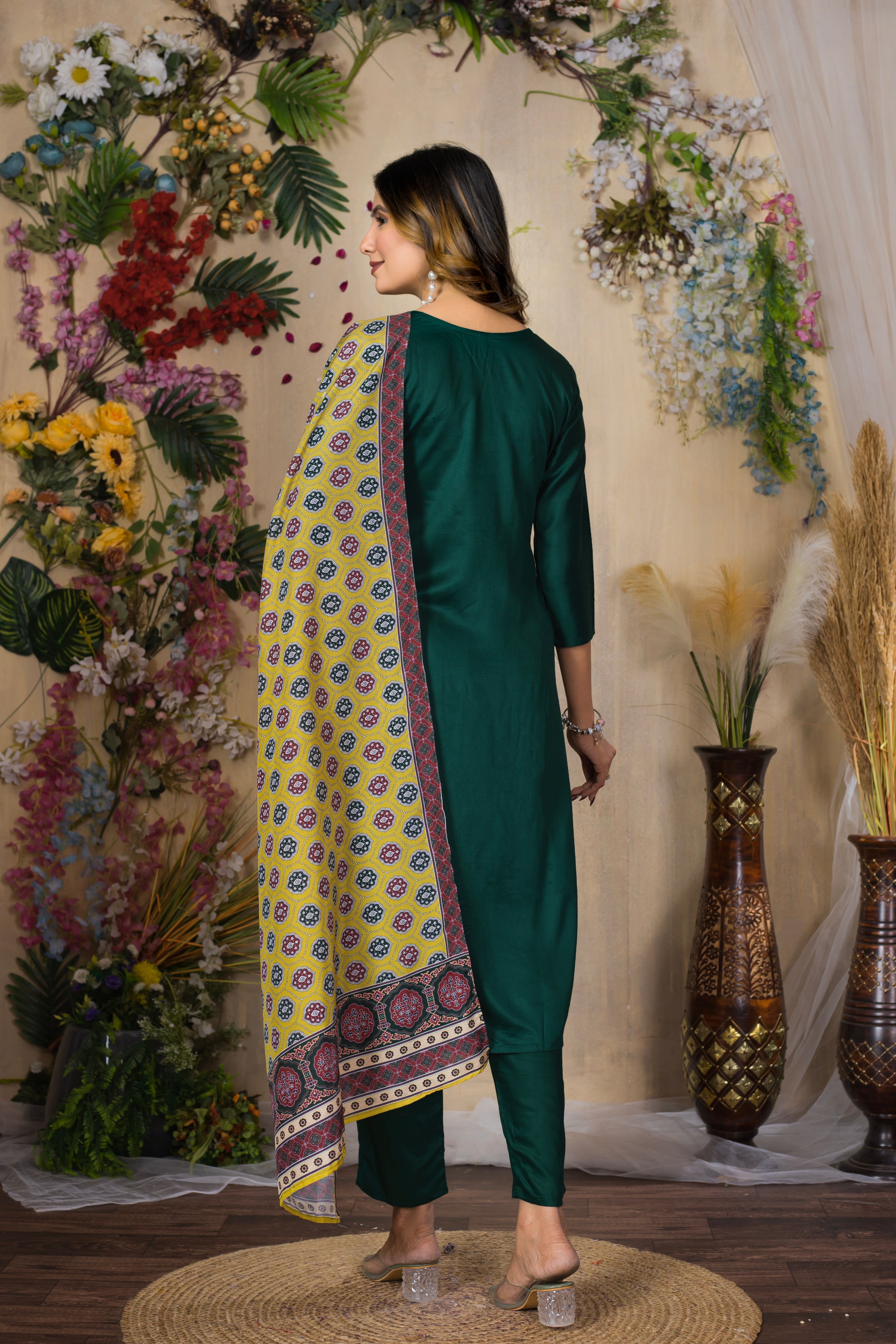 VARAMYA Green Straight Silk Suit