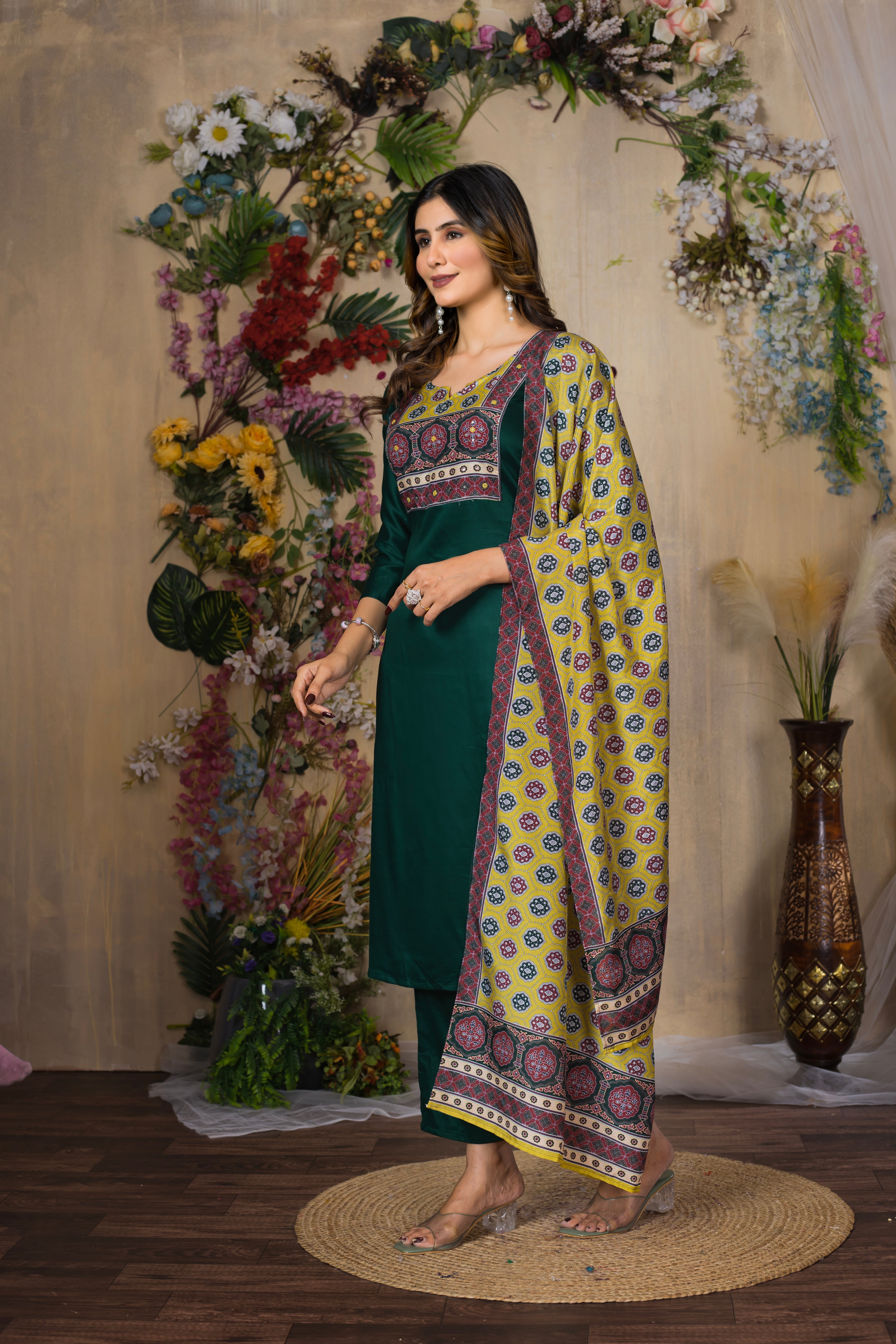 VARAMYA Green Straight Silk Suit
