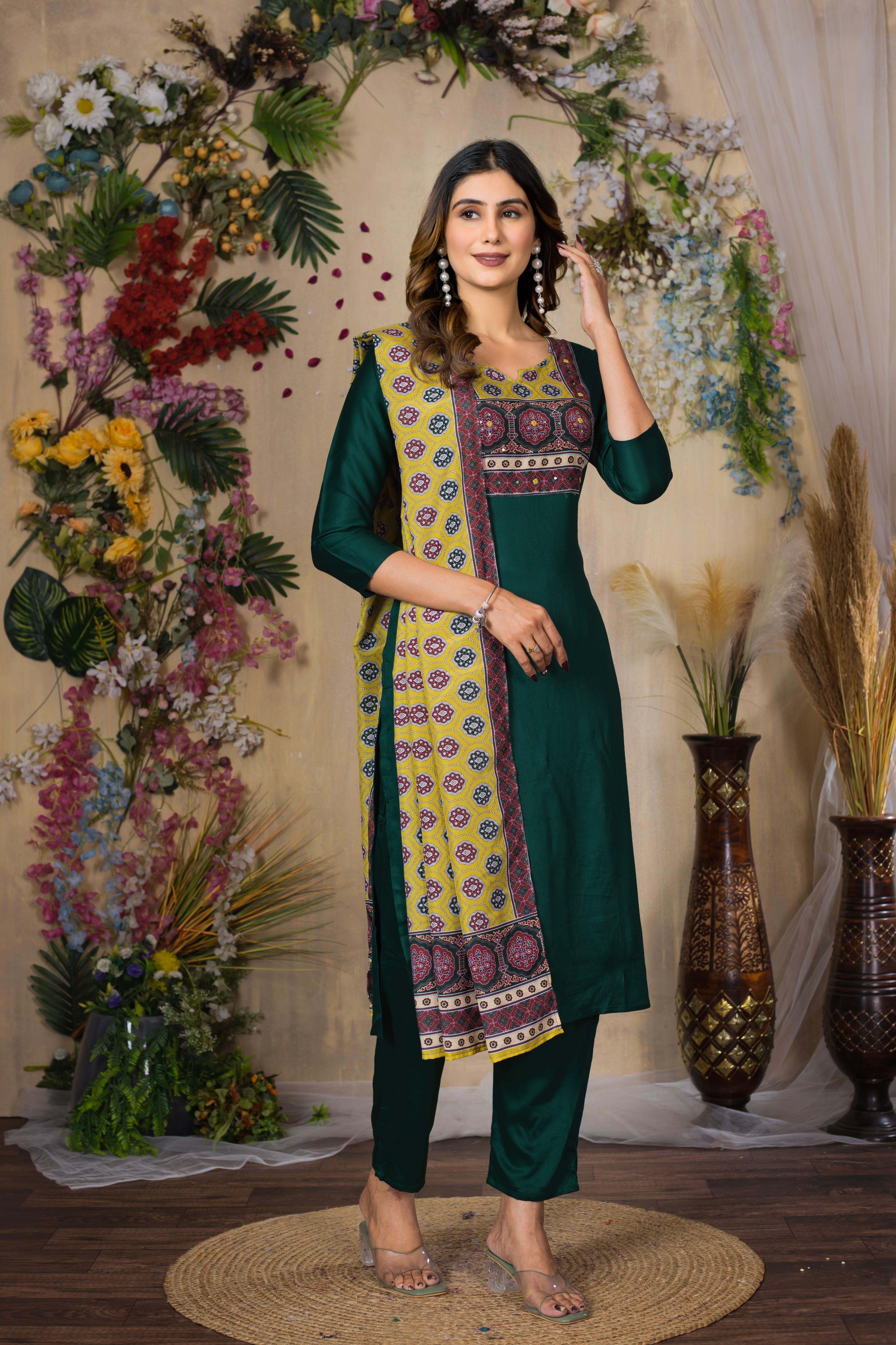 VARAMYA Green Straight Silk Suit
