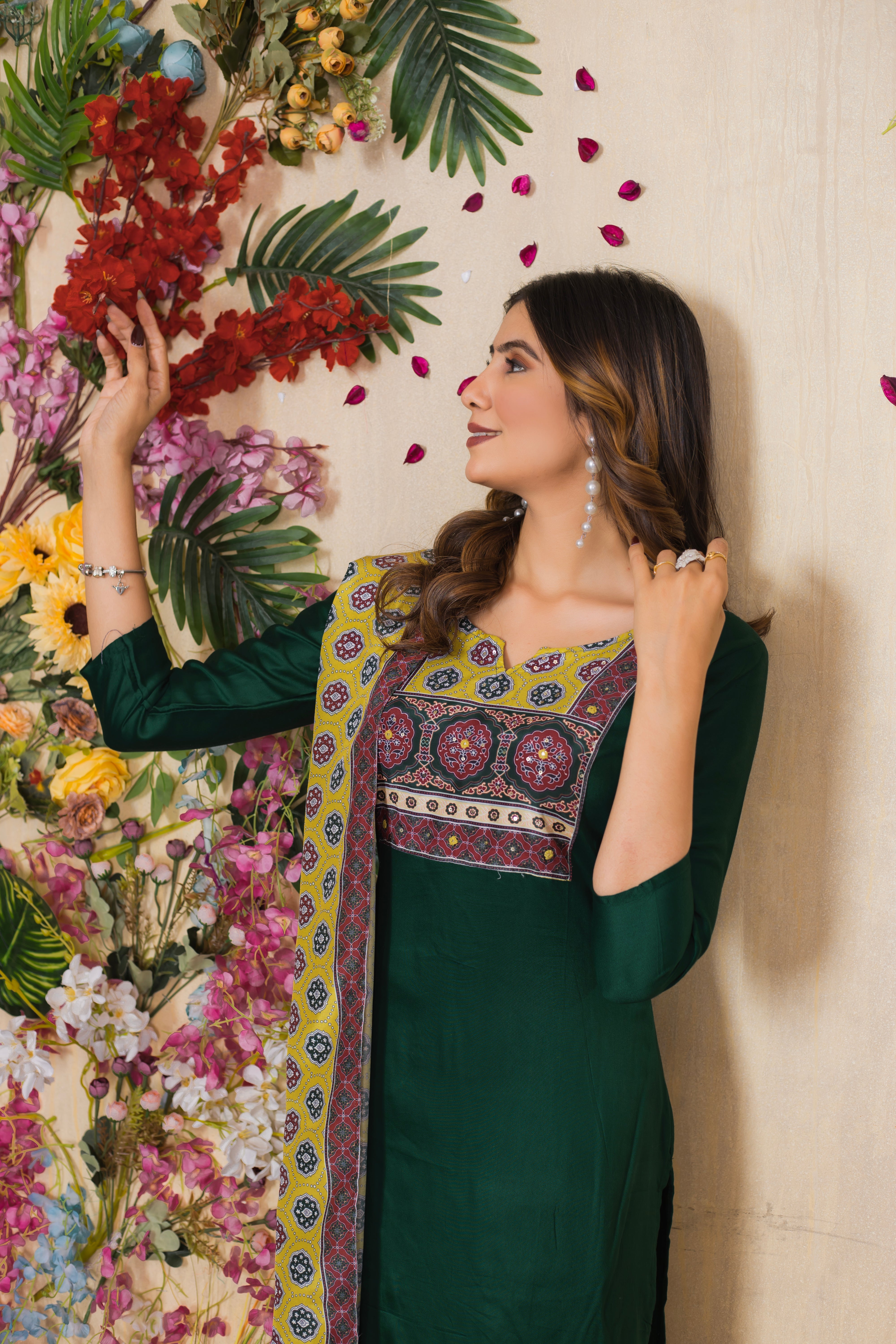 VARAMYA Green Straight Silk Suit