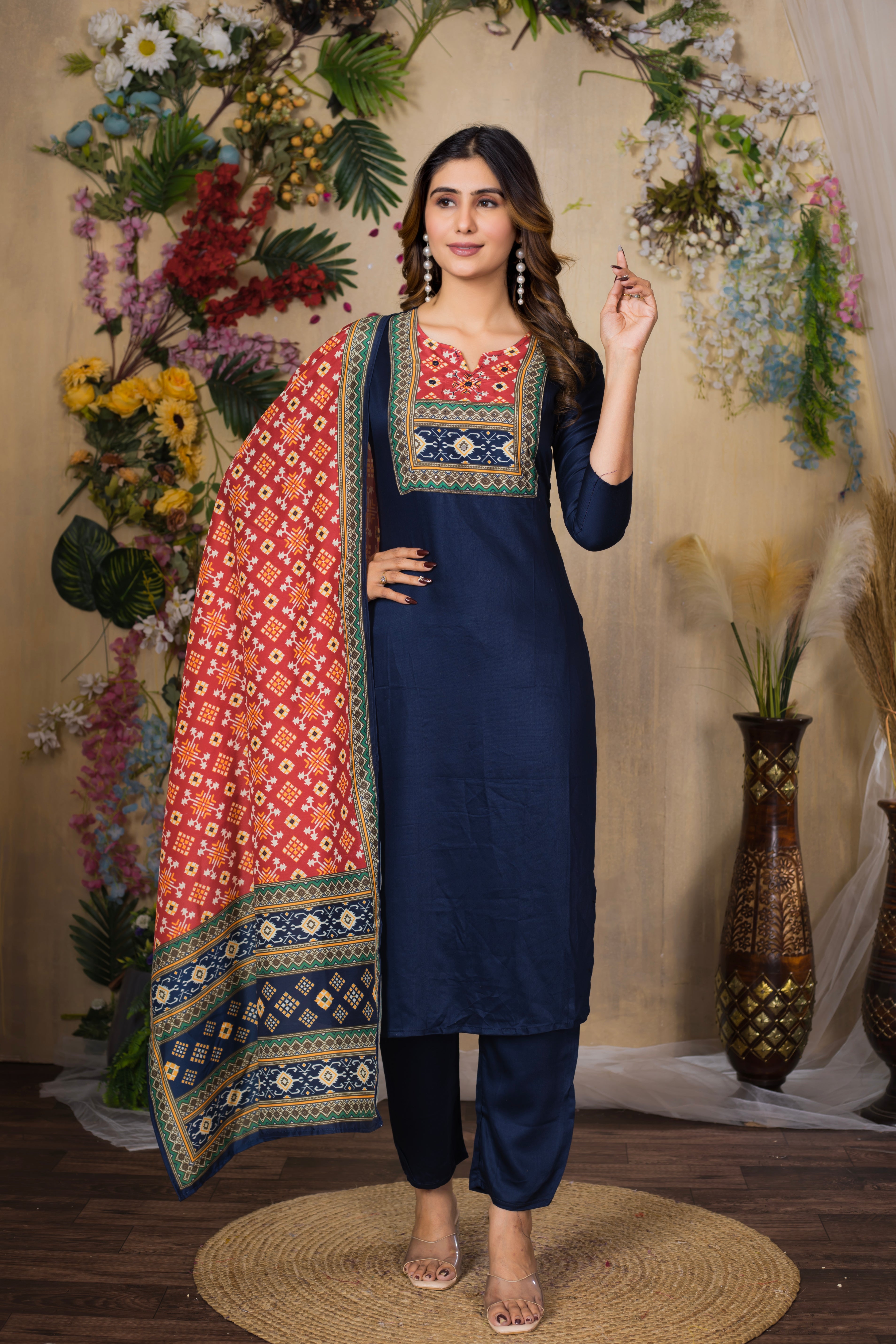 VARAMYA Navy-Blue Straight Silk Suit