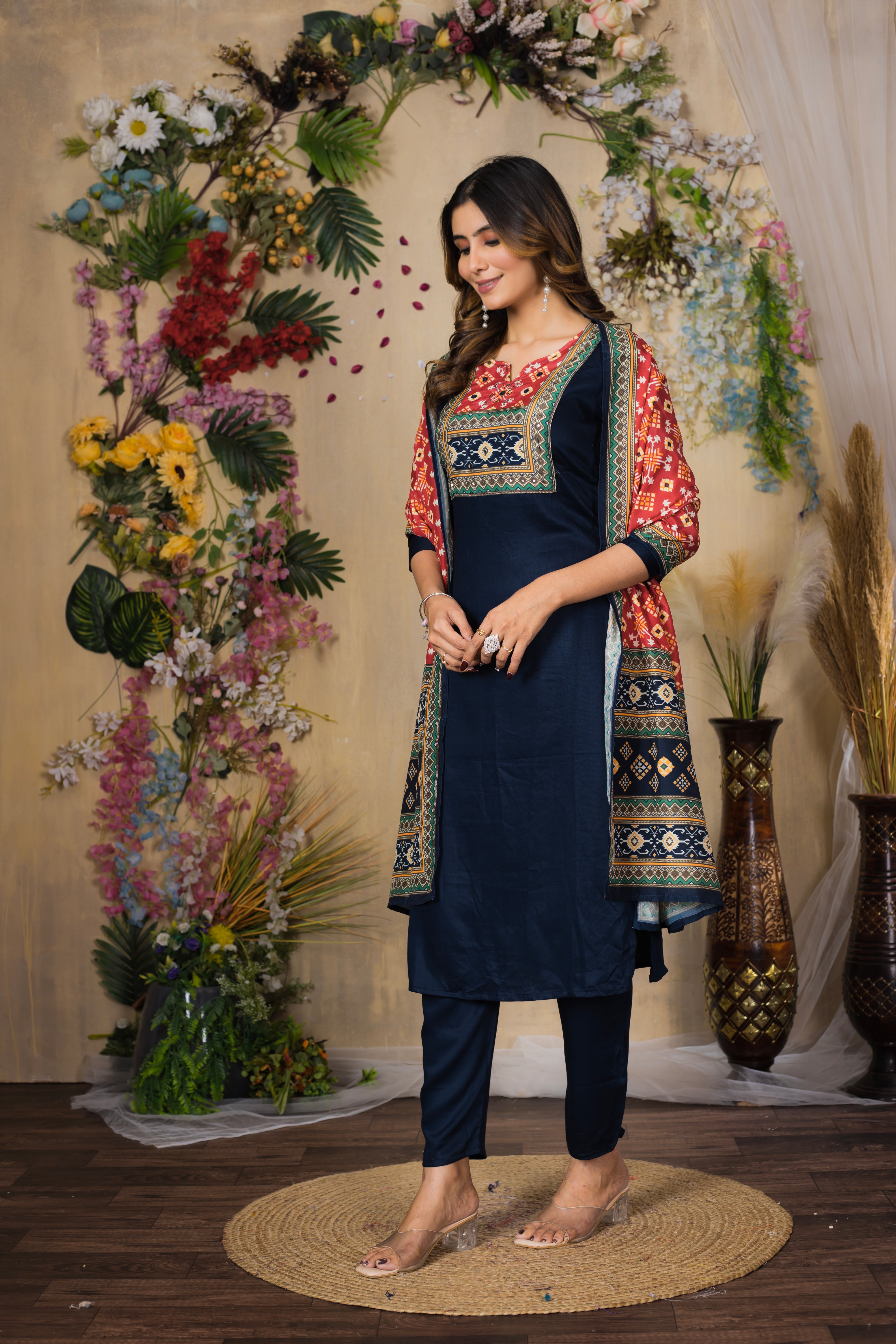 VARAMYA Navy-Blue Straight Silk Suit