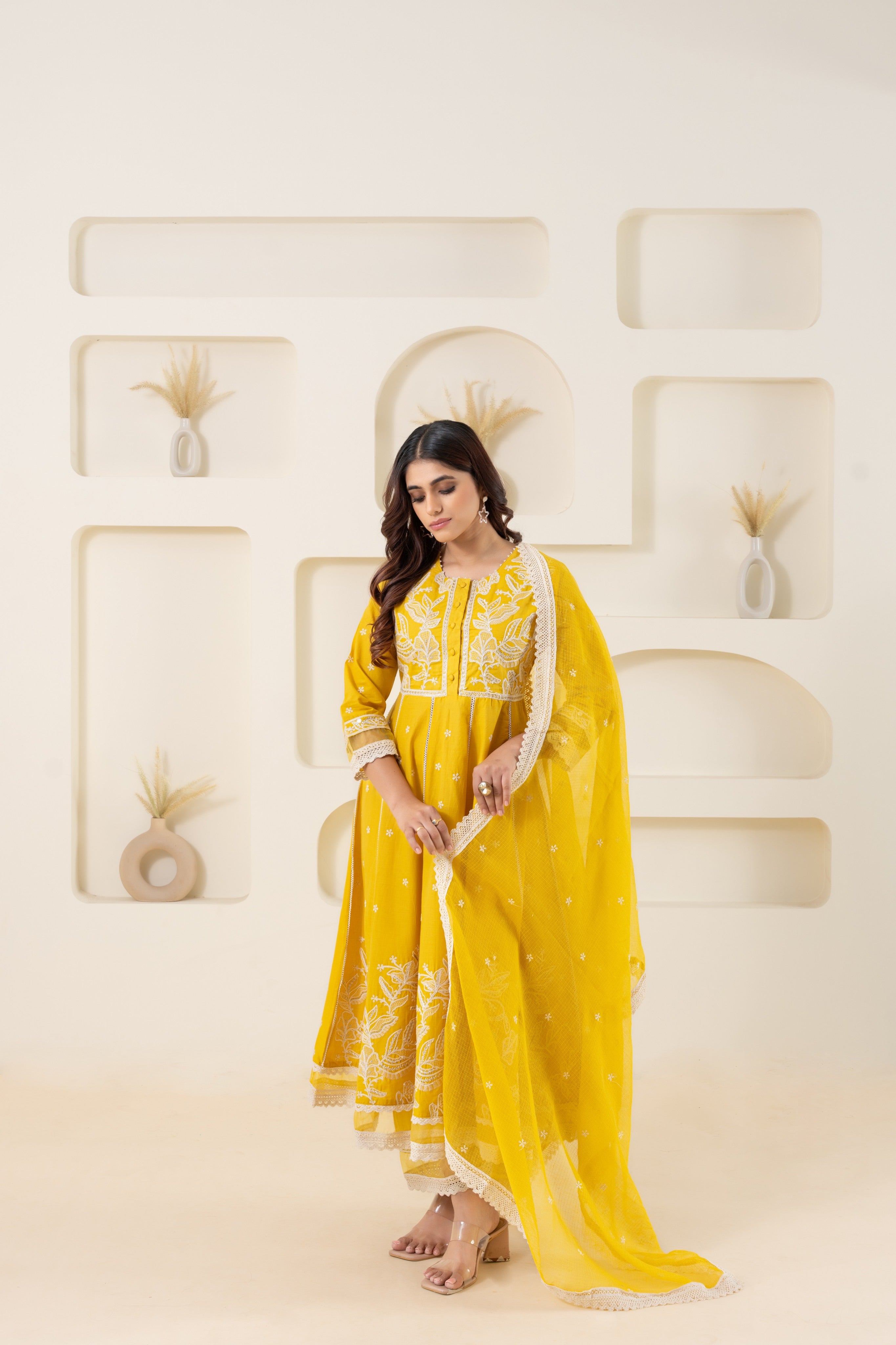Thread Work Yellow Anarkali Suit Set