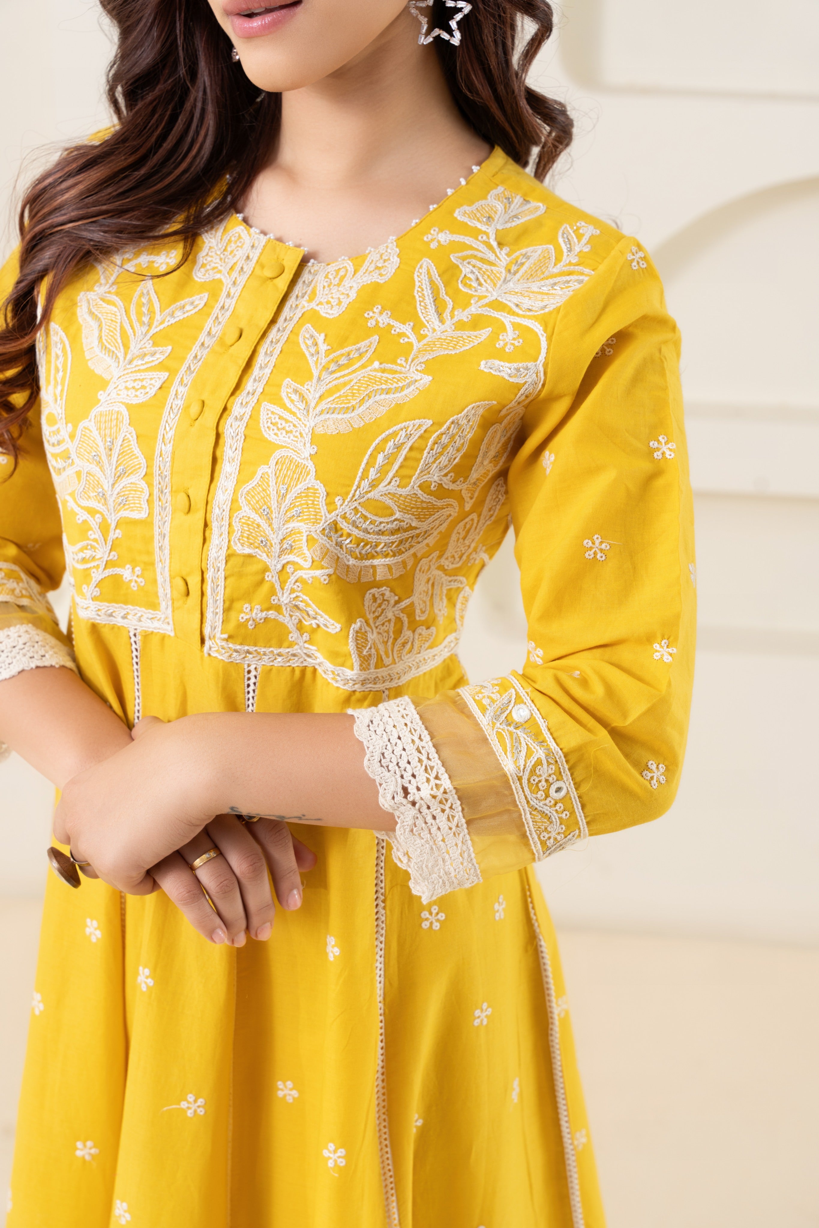 Thread Work Yellow Anarkali Suit Set