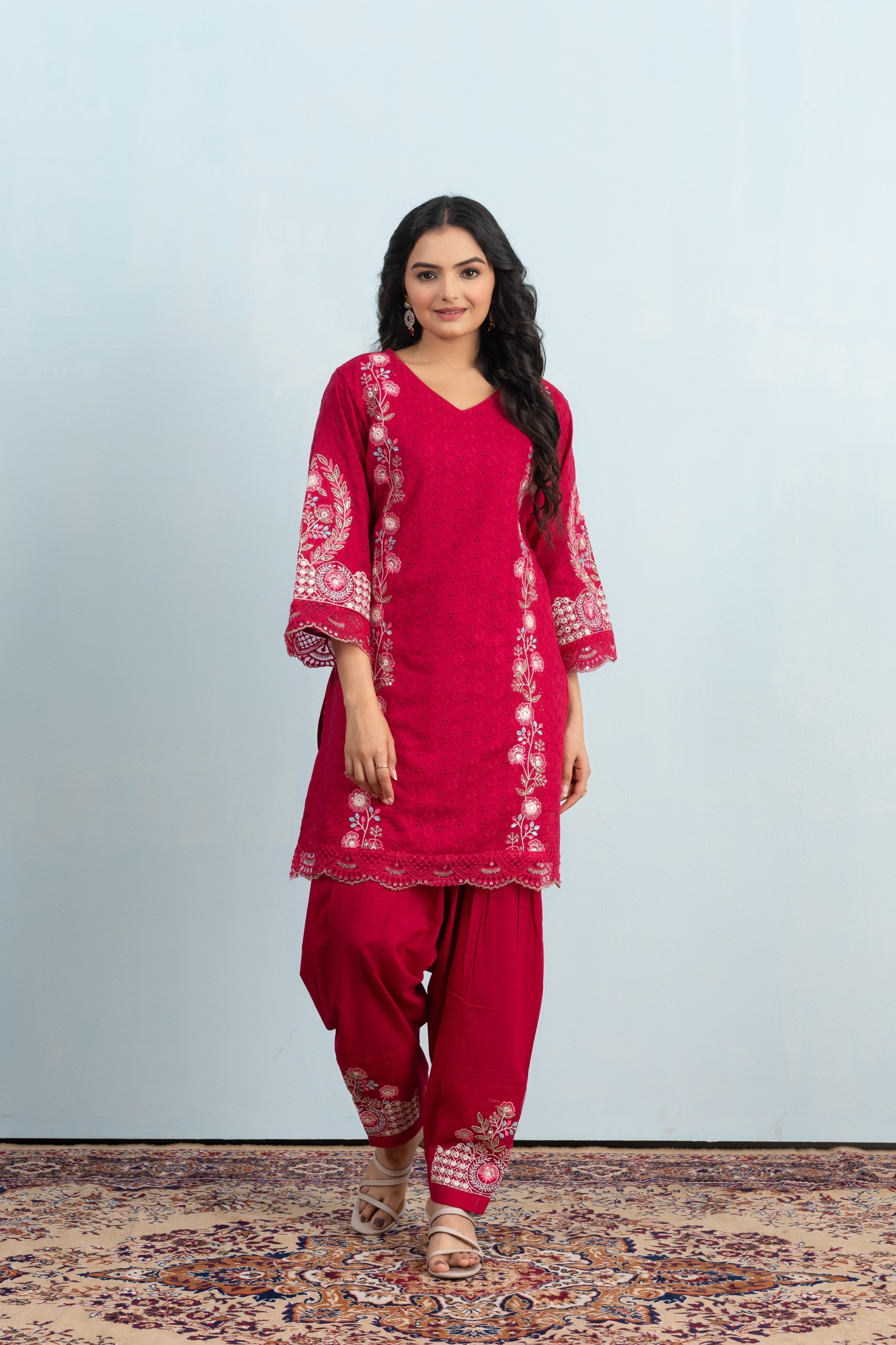 Varamya Red Embroidery Patiyala Punjabi Suit