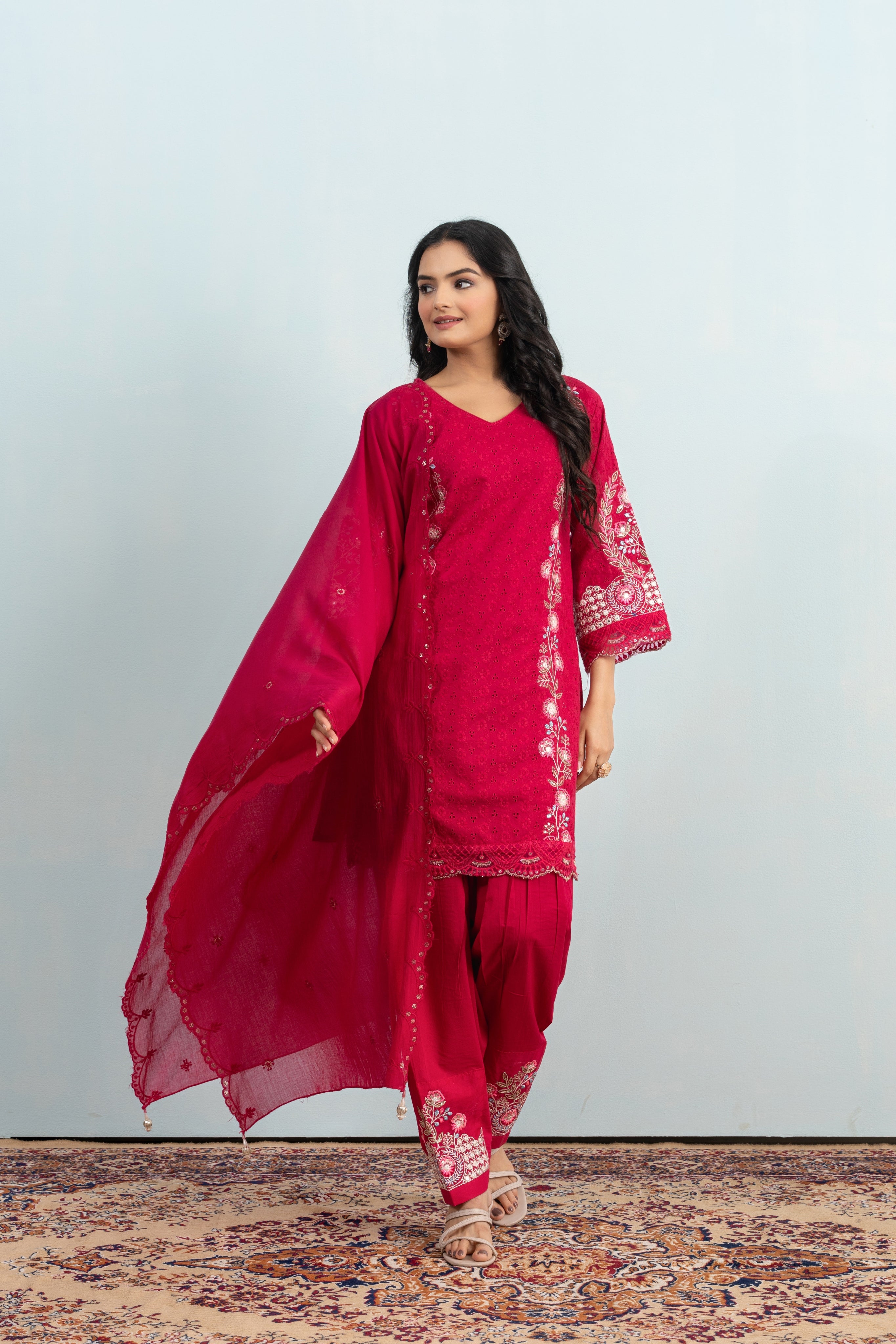 Varamya Red Embroidery Patiyala Punjabi Suit