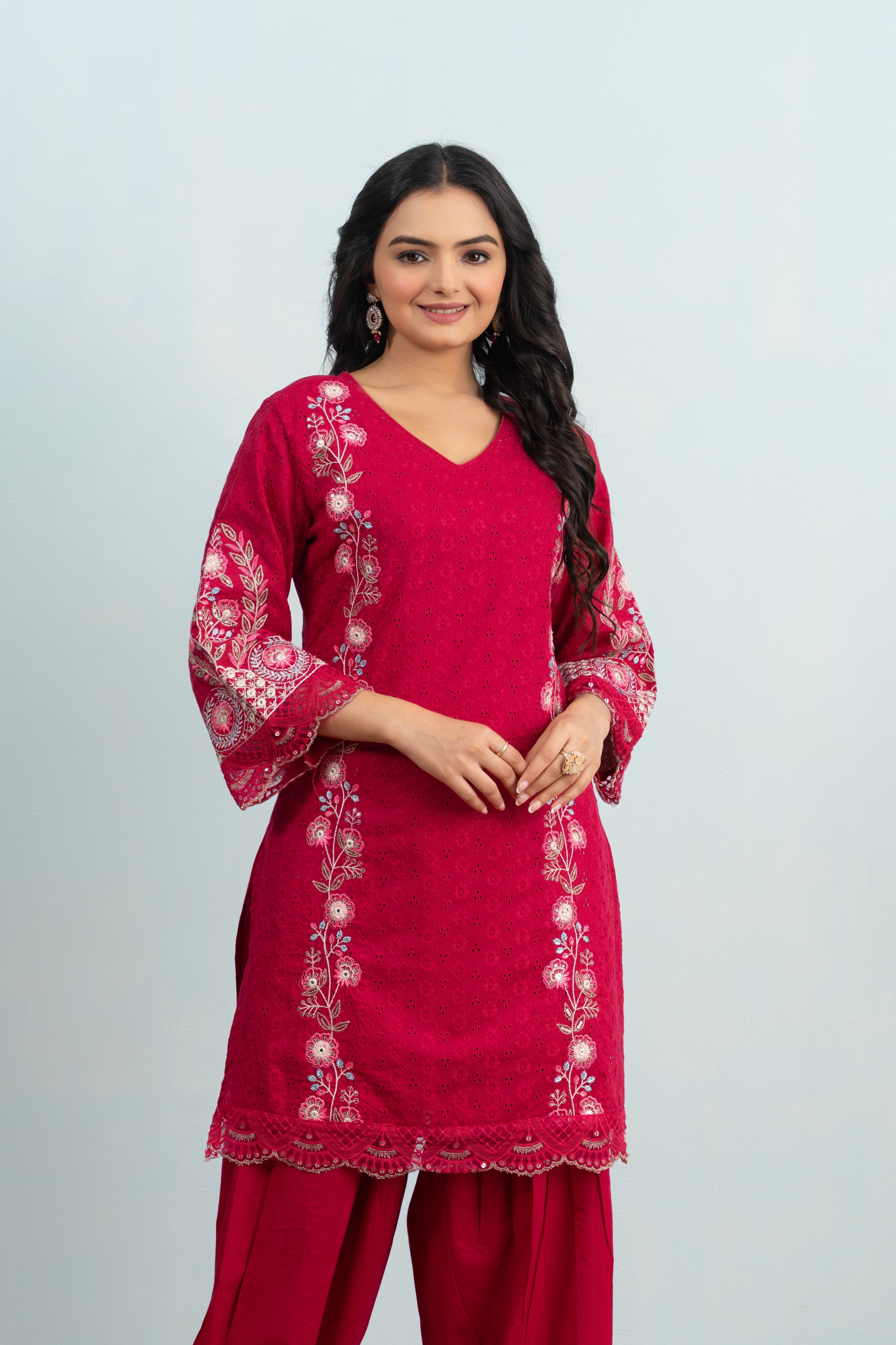 Varamya Red Embroidery Patiyala Punjabi Suit