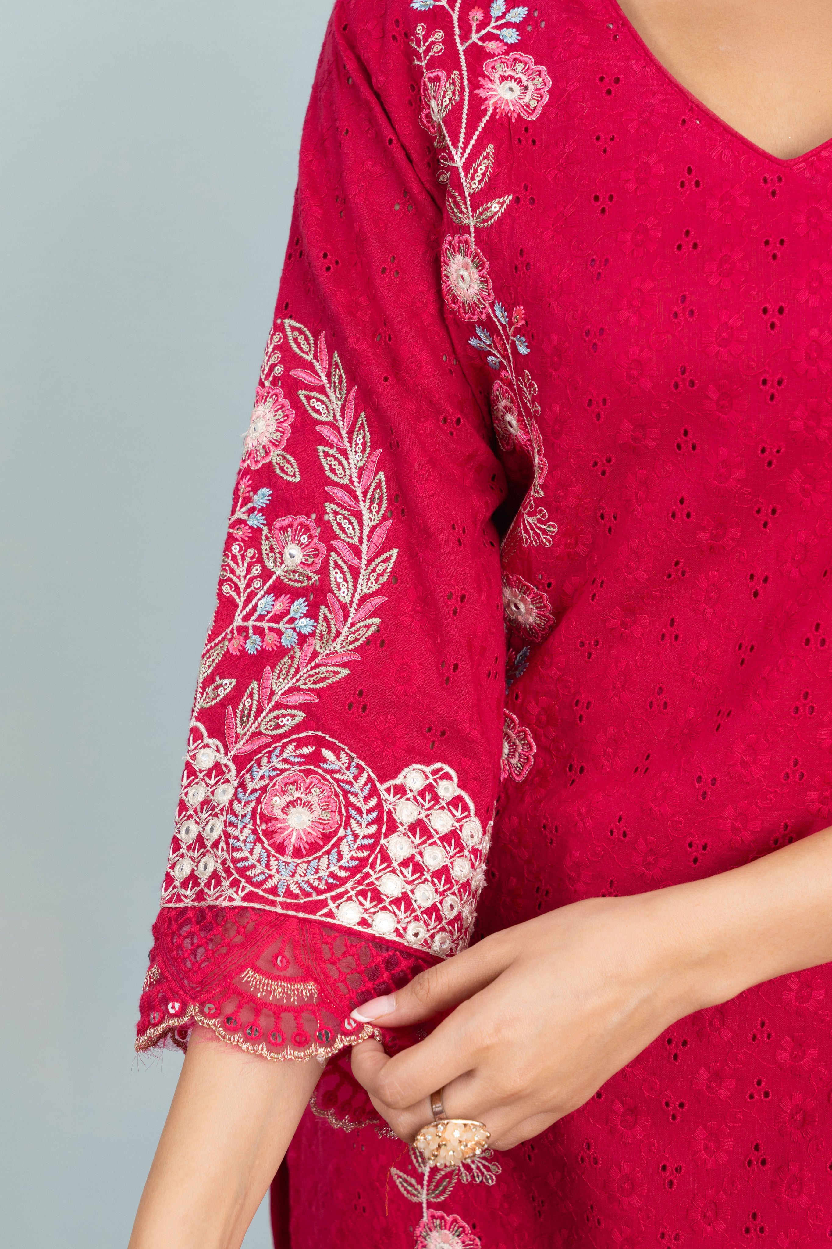 Varamya Red Embroidery Patiyala Punjabi Suit