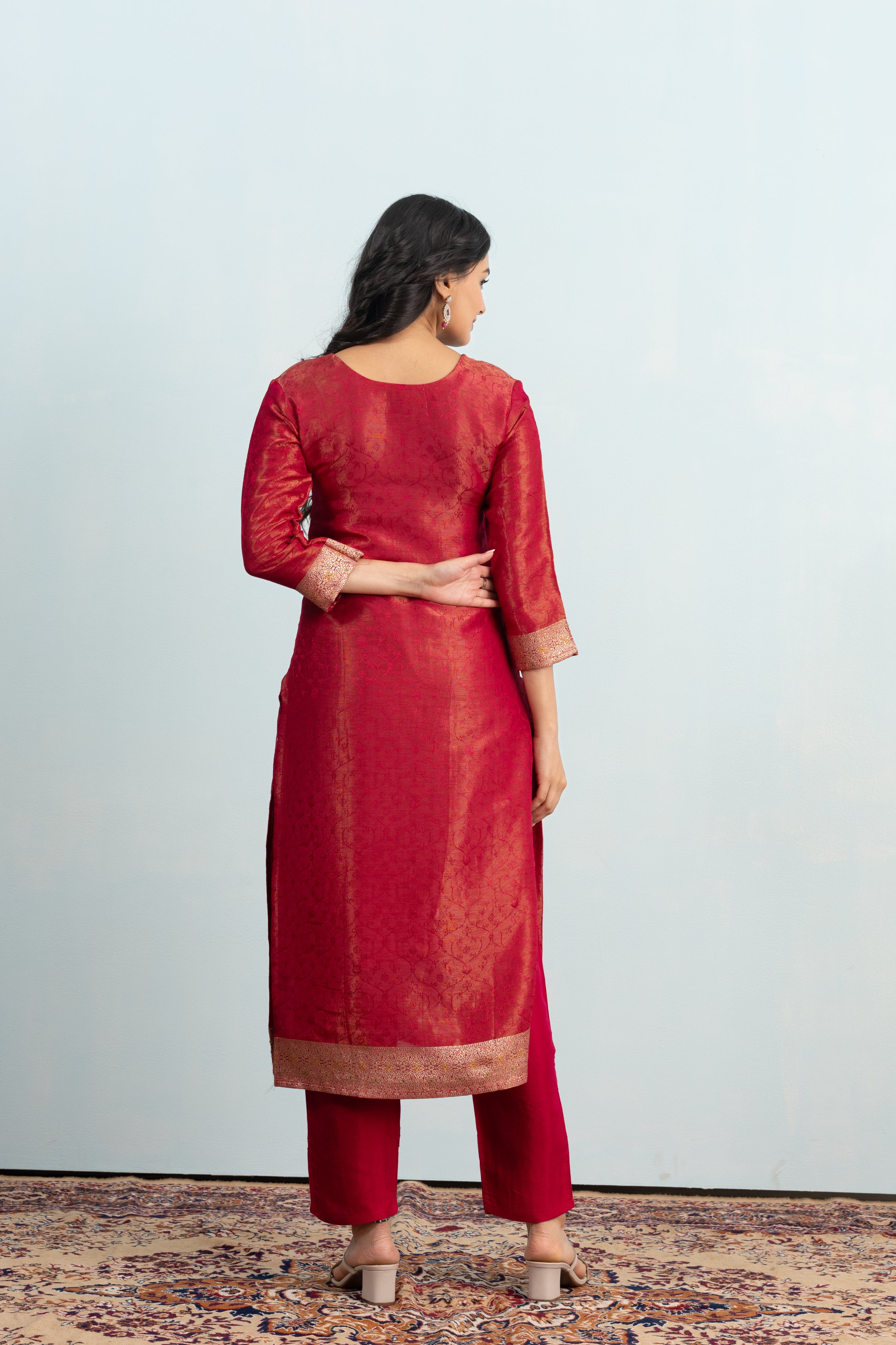 Varamya Red Zari Woven Straight Suit