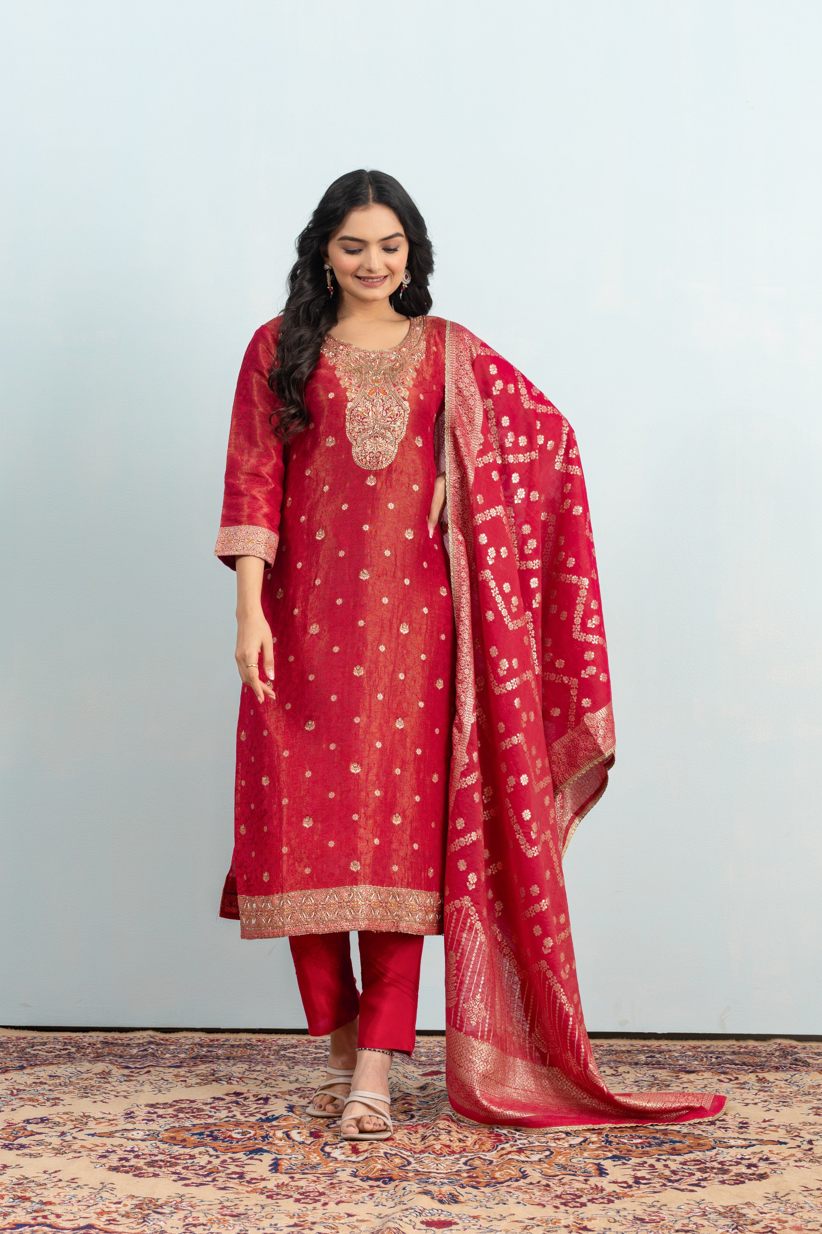 Varamya Red Zari Woven Straight Suit