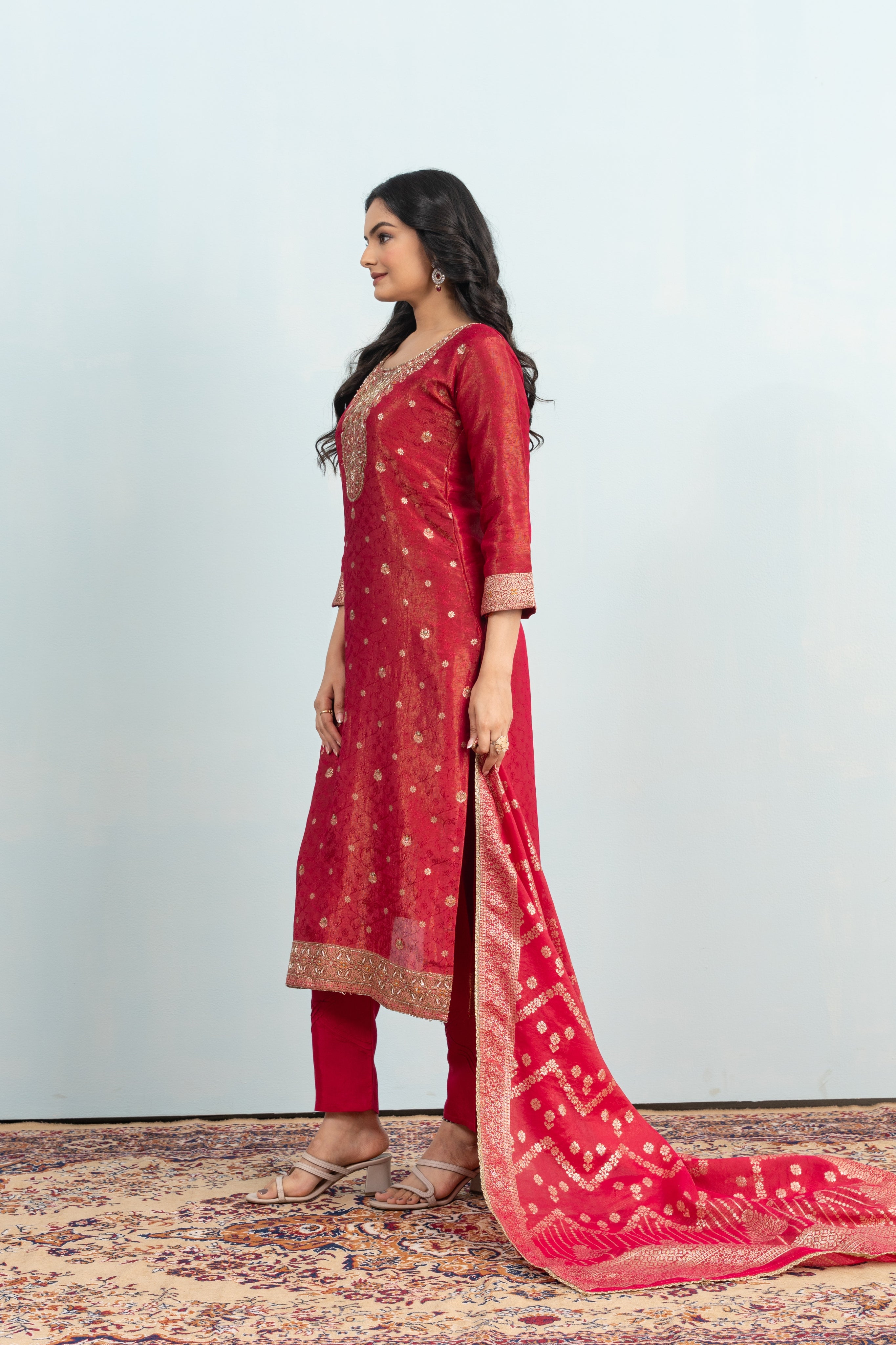 Varamya Red Zari Woven Straight Suit