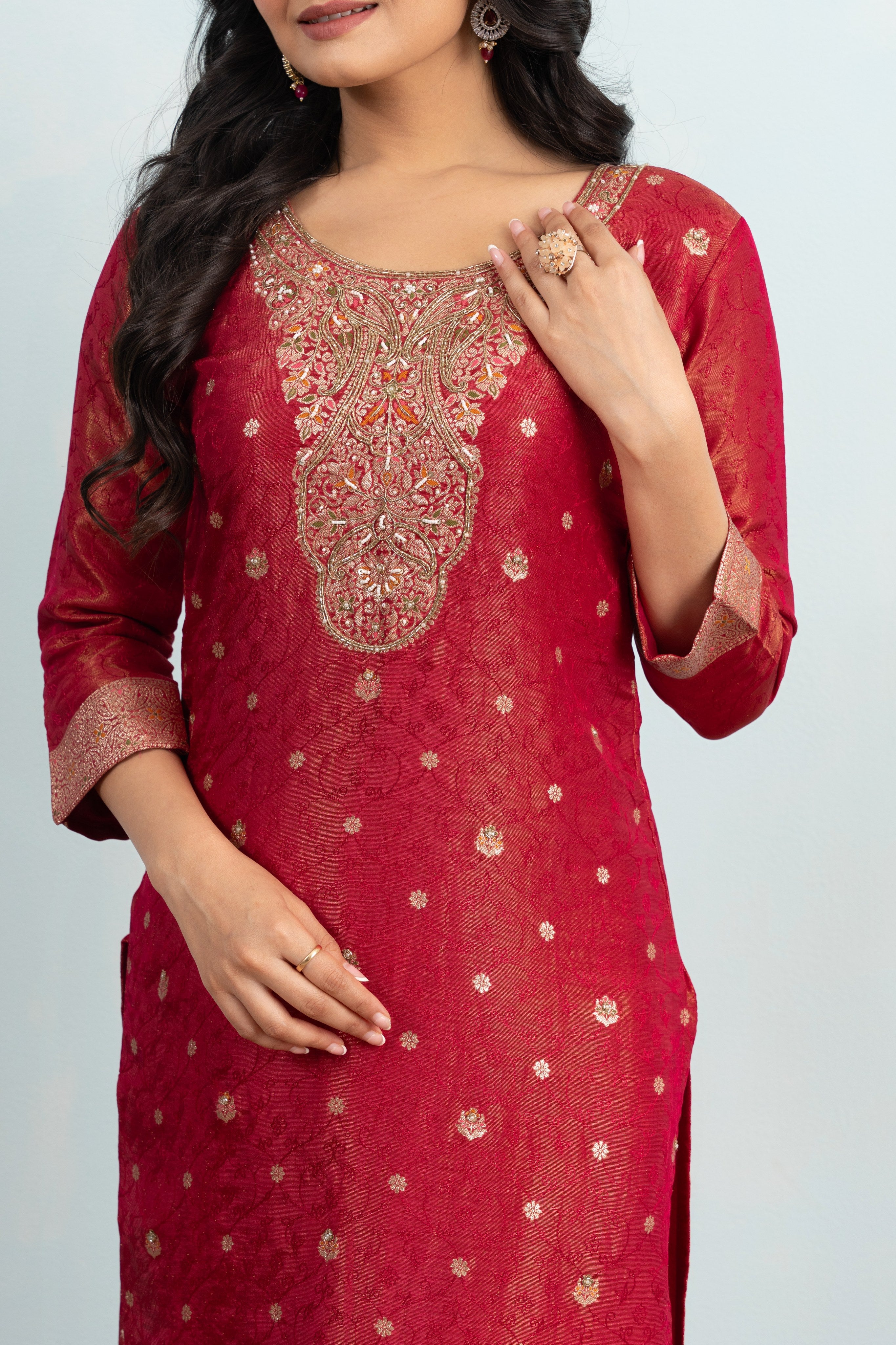 Varamya Red Zari Woven Straight Suit