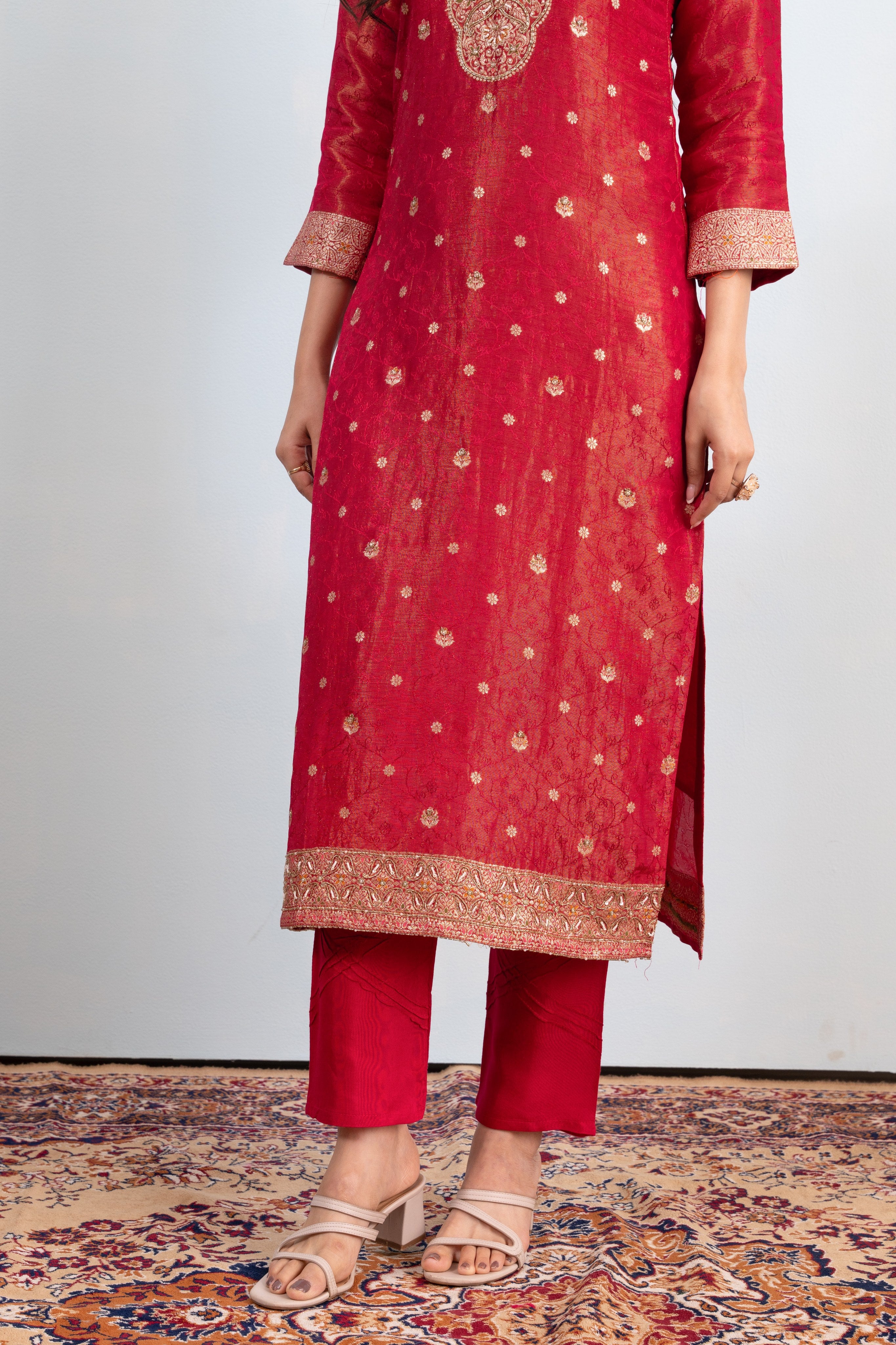 Varamya Red Zari Woven Straight Suit