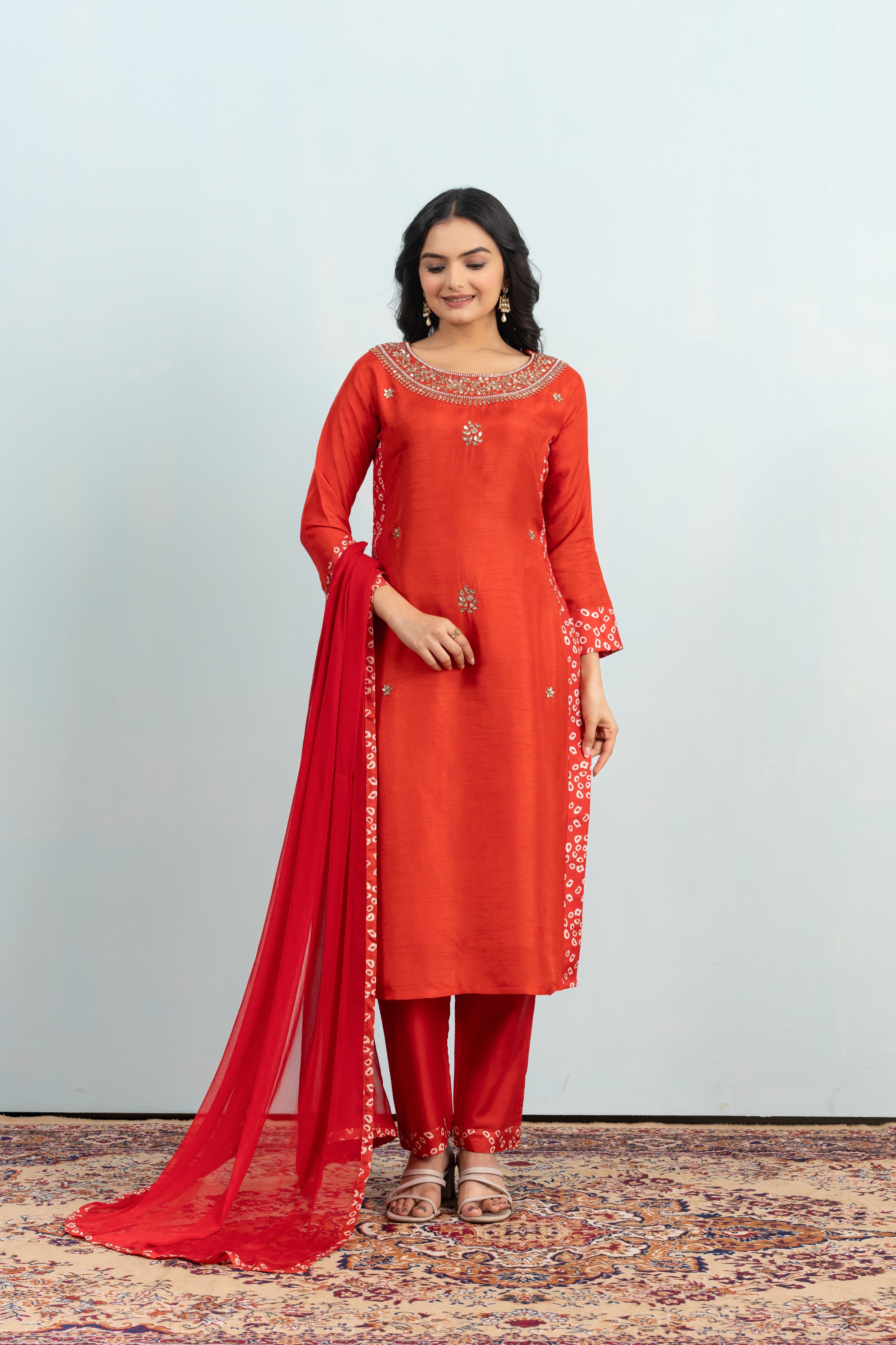 Varamya Round Neck Embroidery Orange Straight Suit