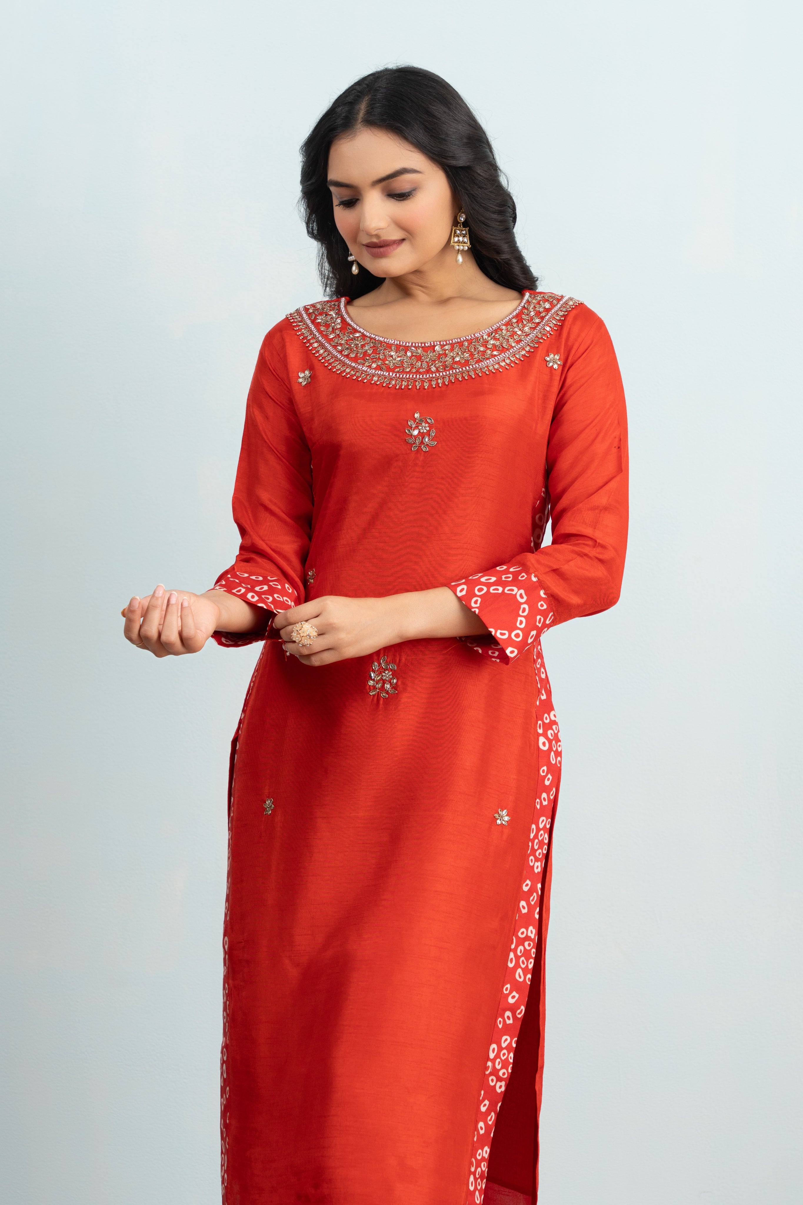 Varamya Round Neck Embroidery Orange Straight Suit