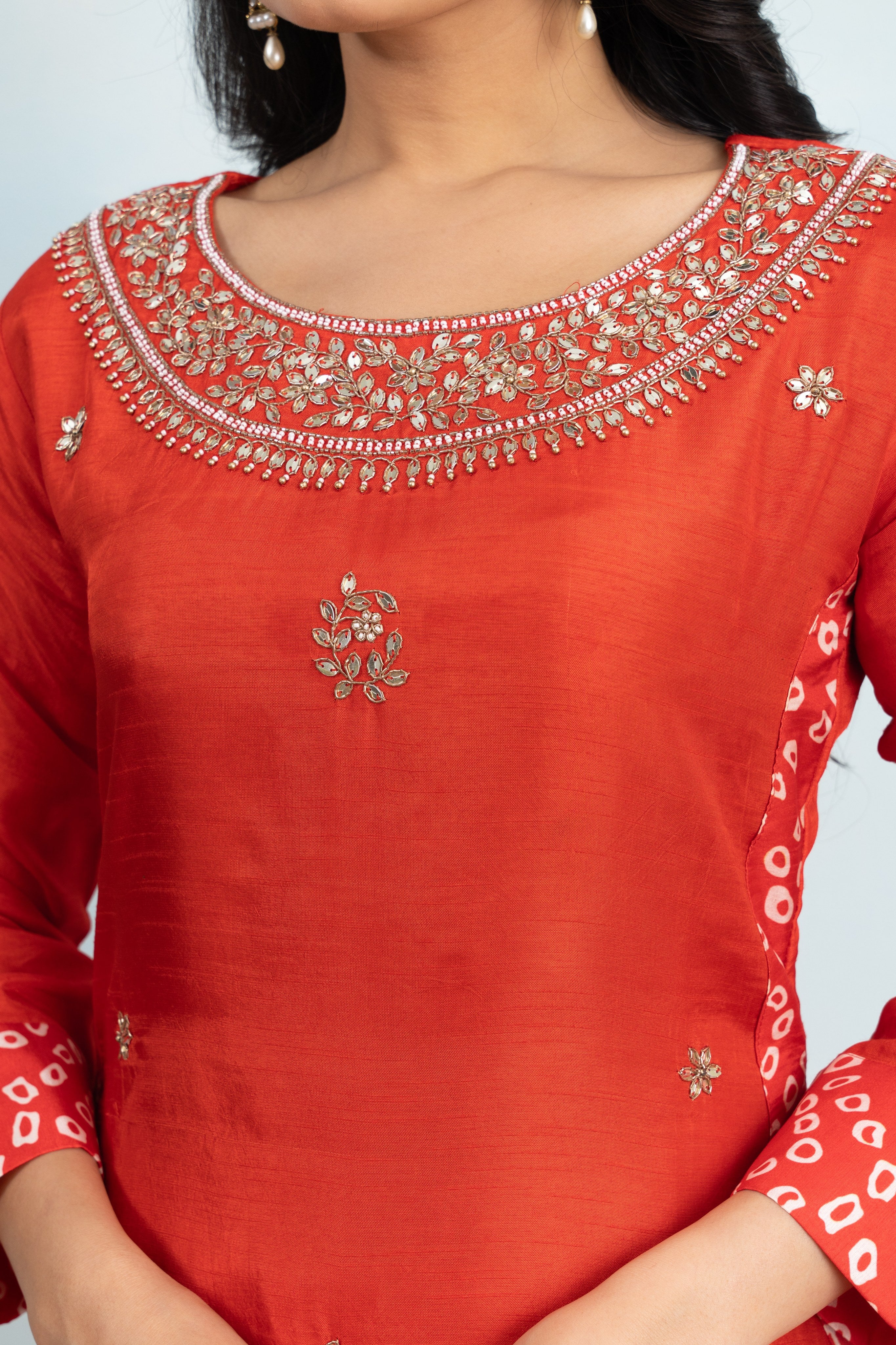 Varamya Round Neck Embroidery Orange Straight Suit