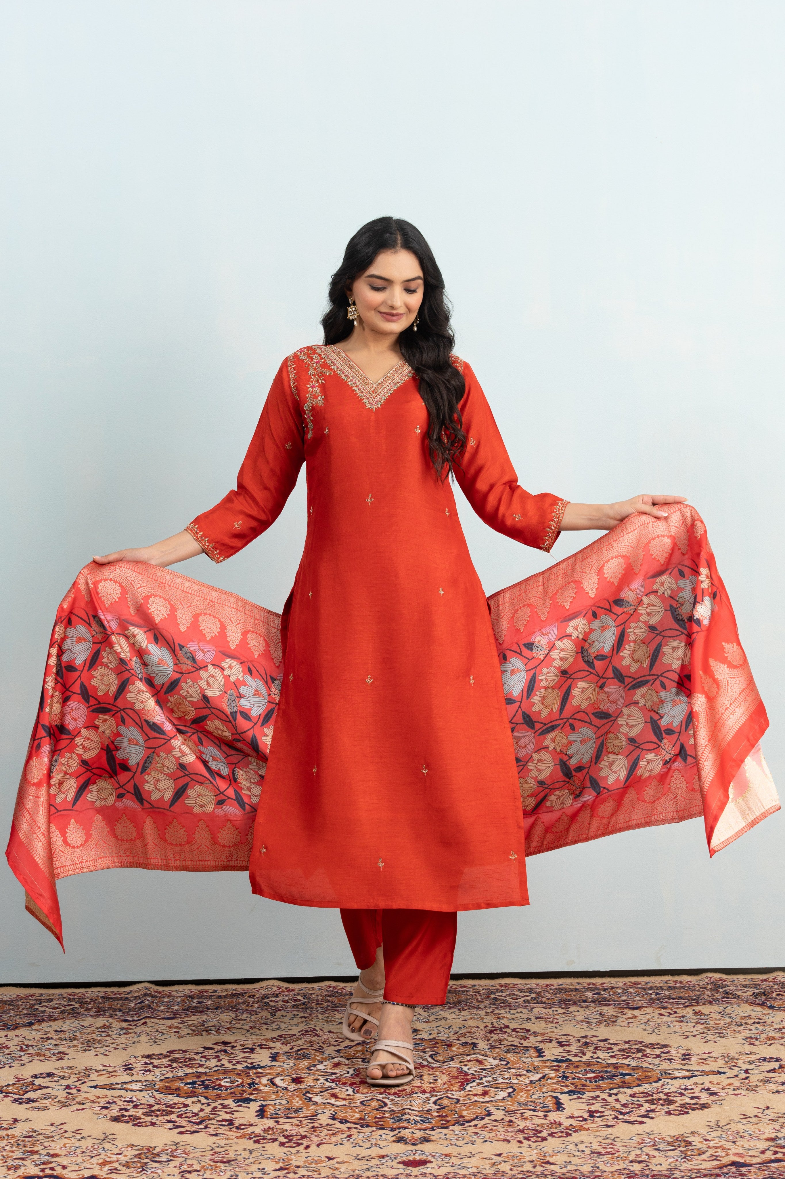 Varamya Orange Handwork Straight Suit