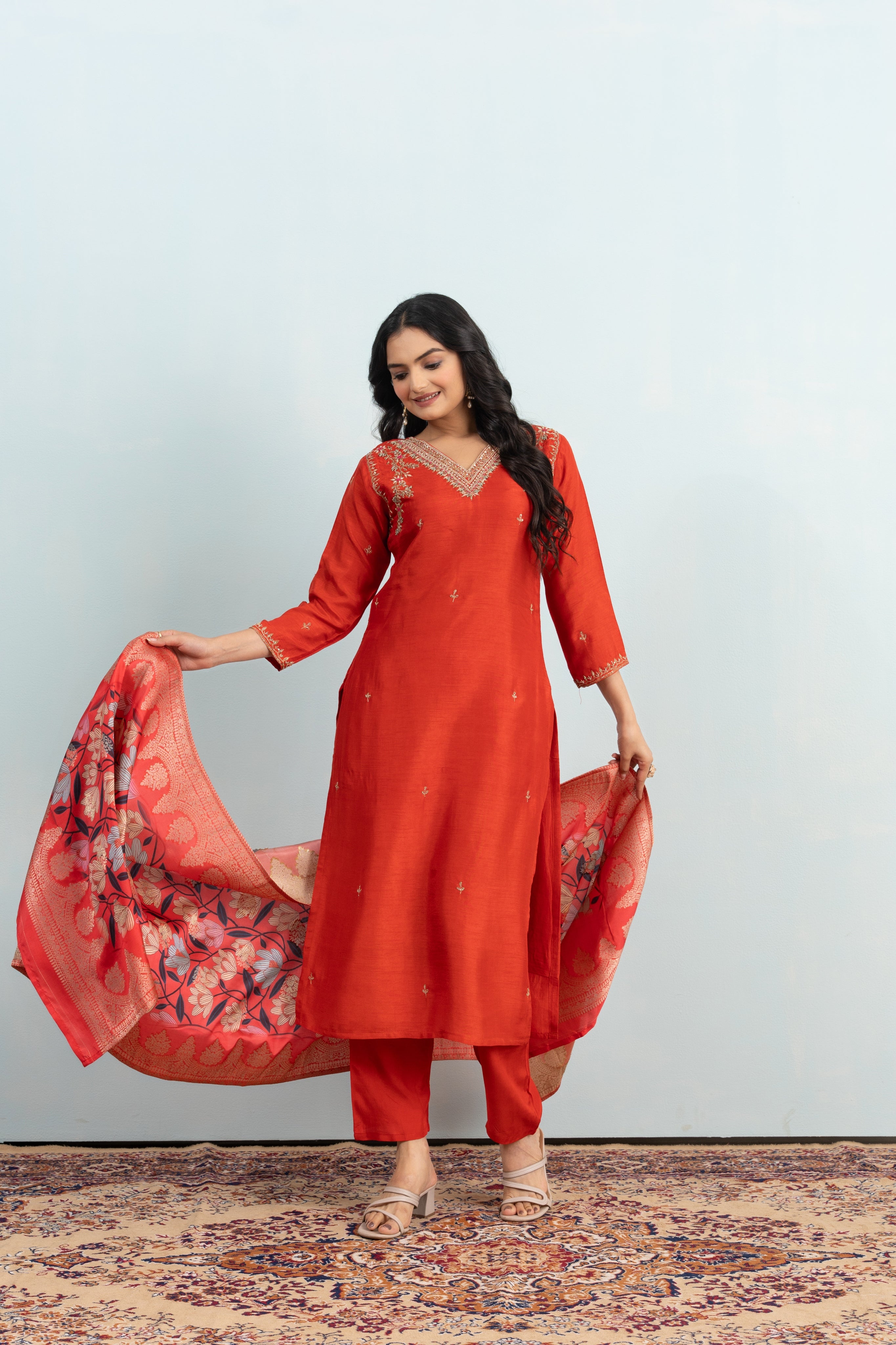Varamya Orange Handwork Straight Suit