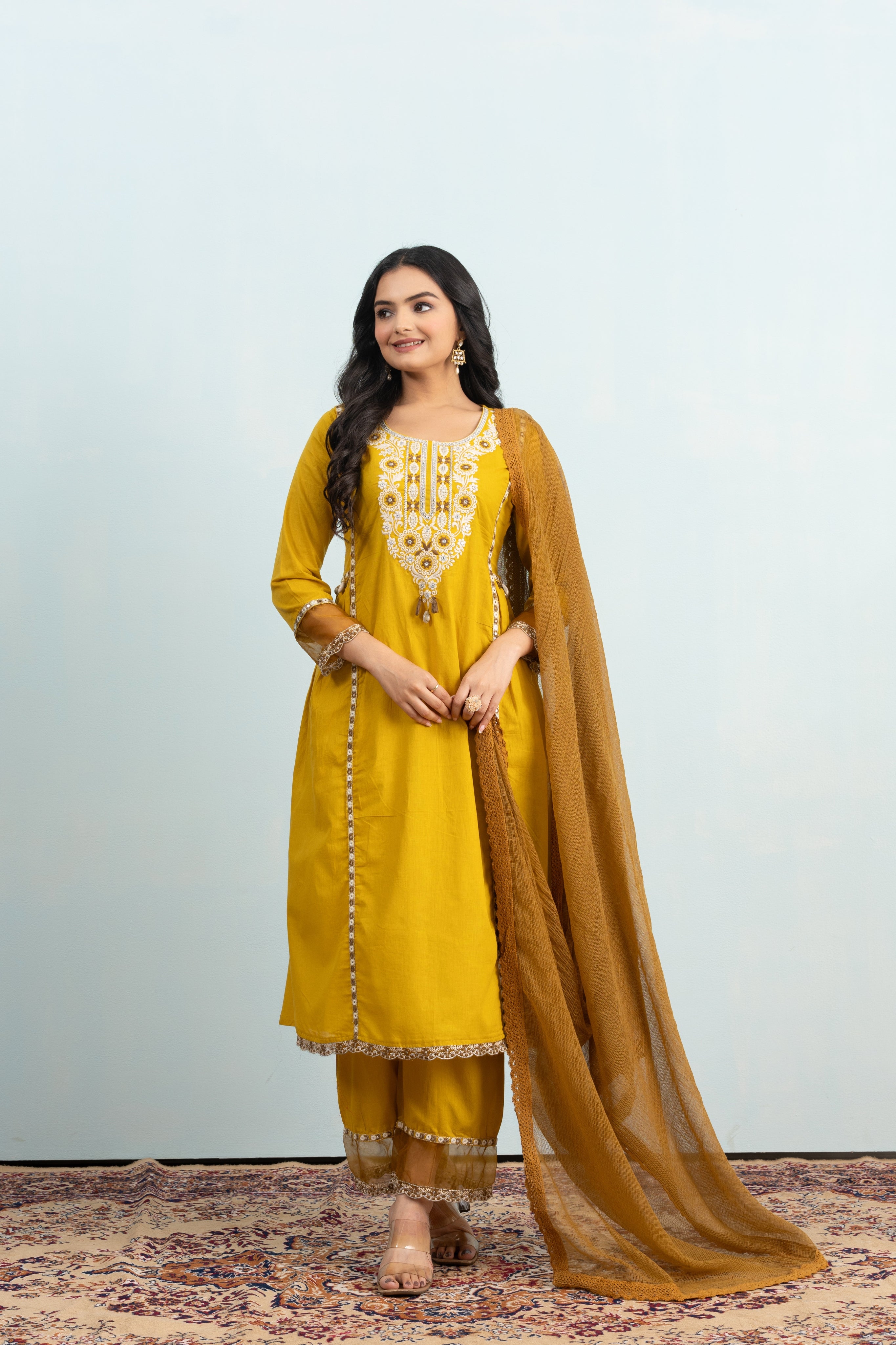 Varamya Yellow A-line Gathered Suit