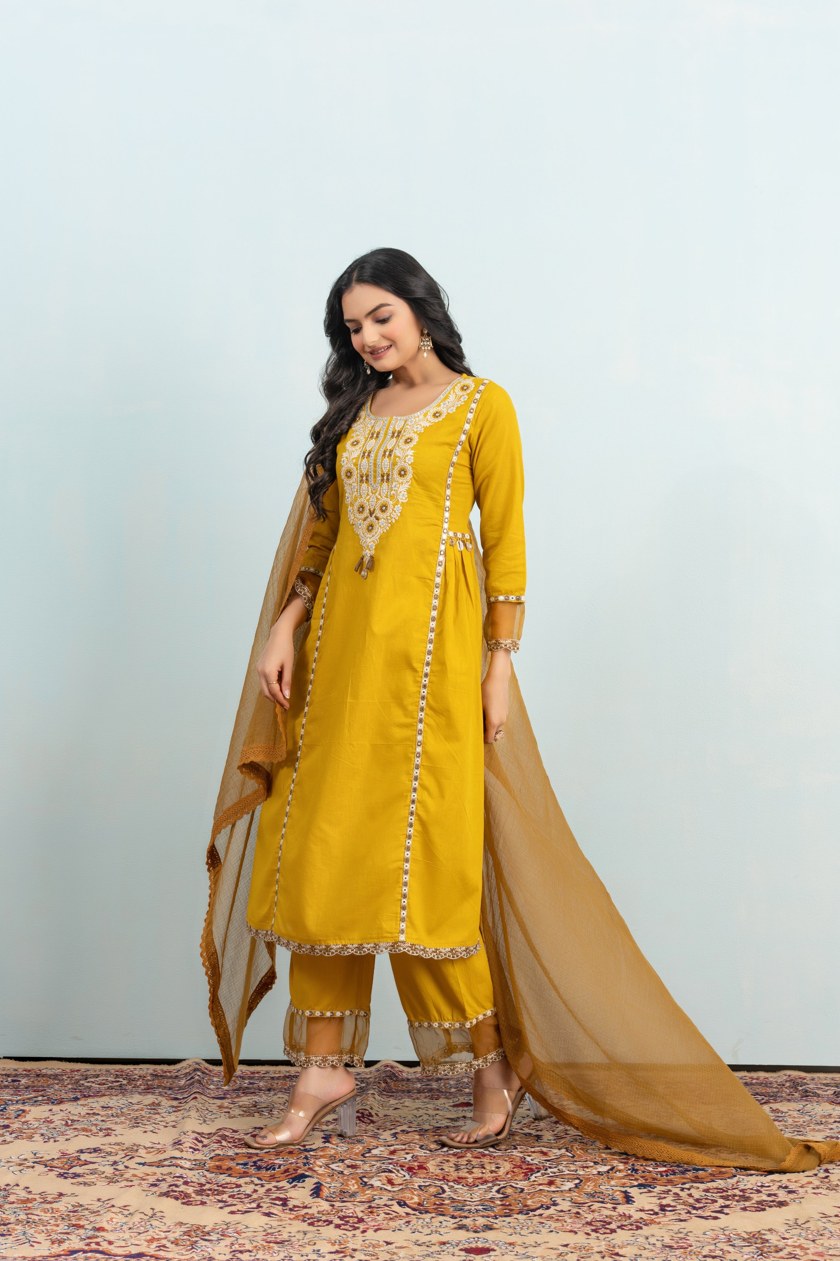 Varamya Yellow A-line Gathered Suit