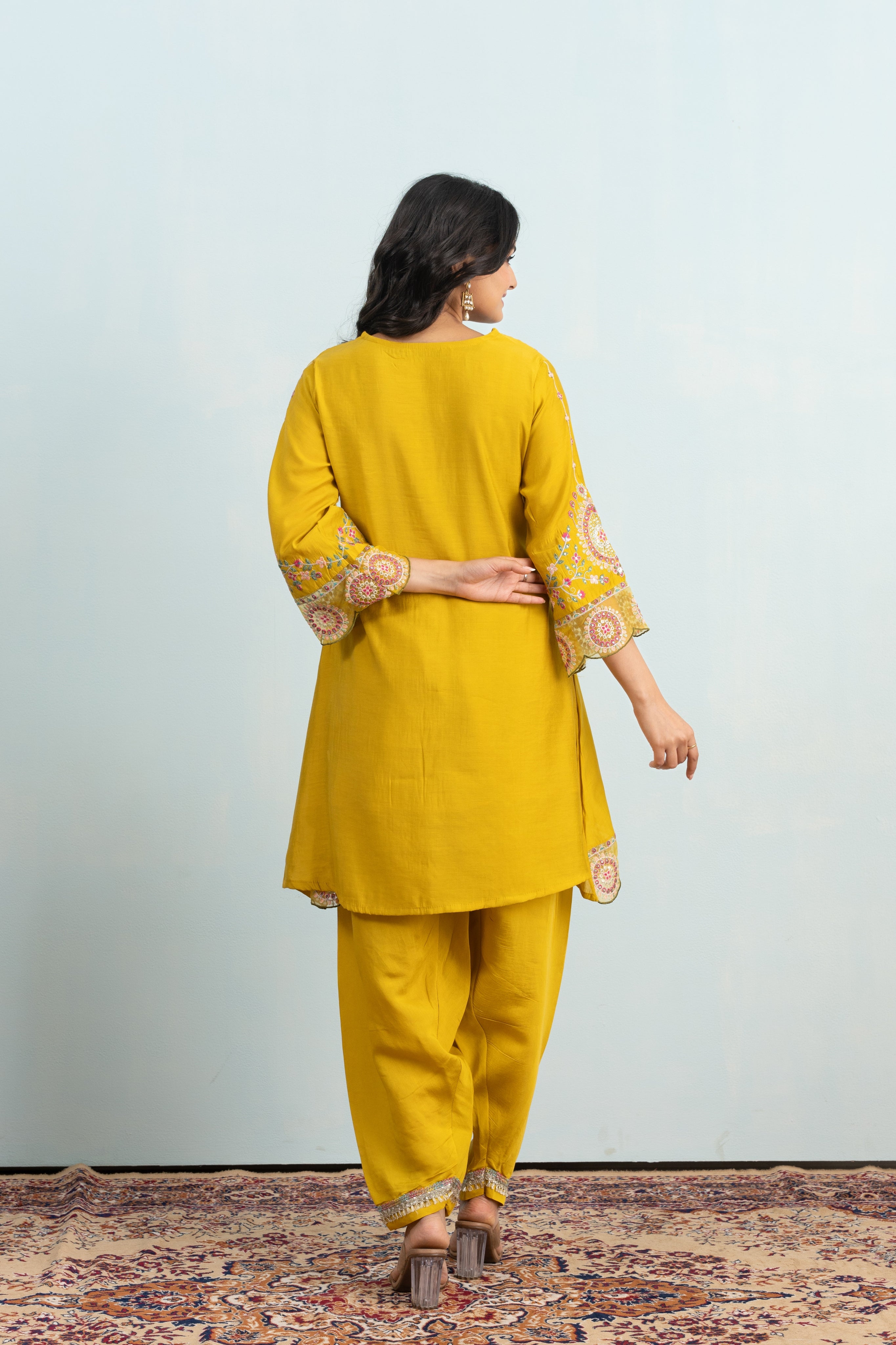 Varamya Yellow A-line Gathered Suit