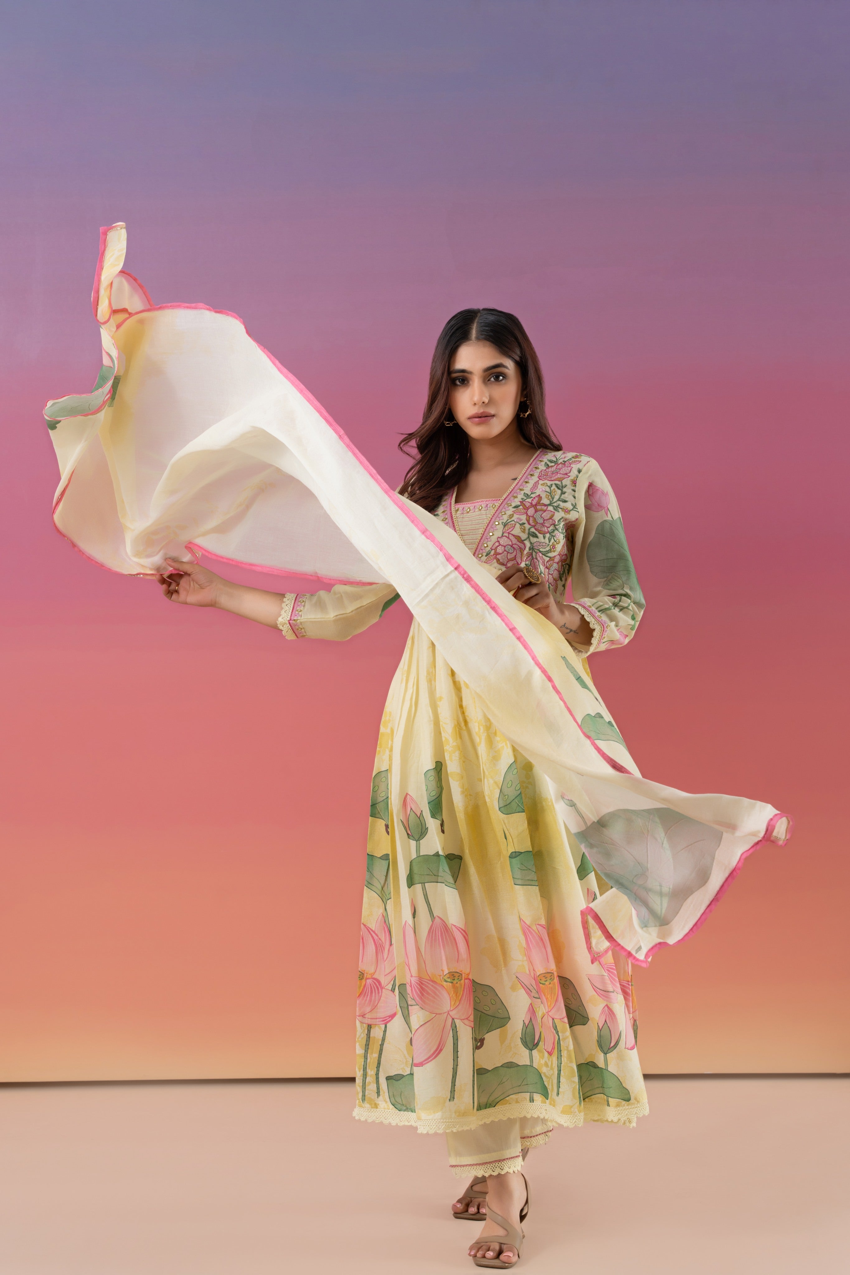 Floral Print With Embroidery Anarkali Suit Set