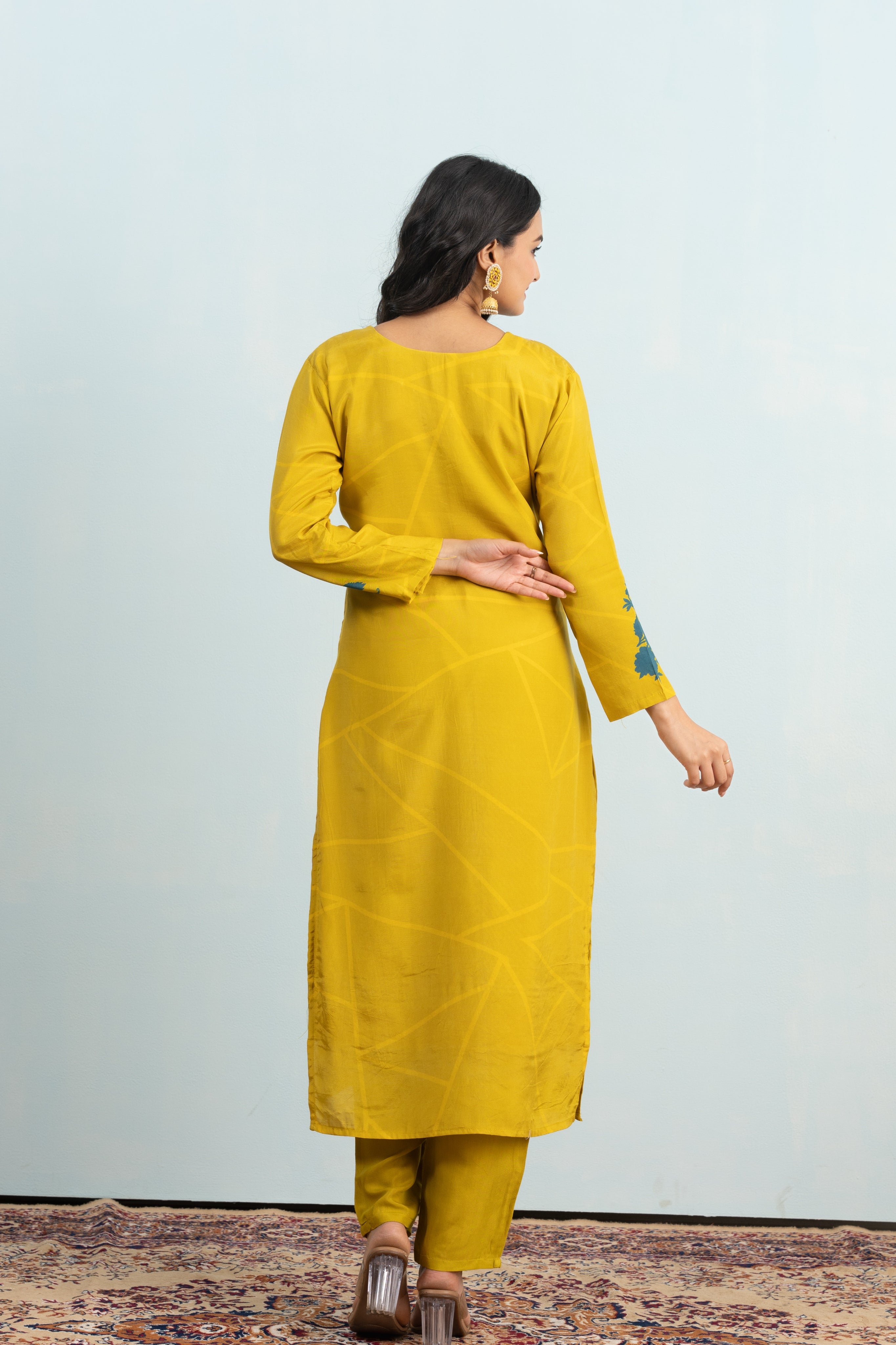 Varamya Lemon Yellow Straight Shimmer Handwork And Printed Suit