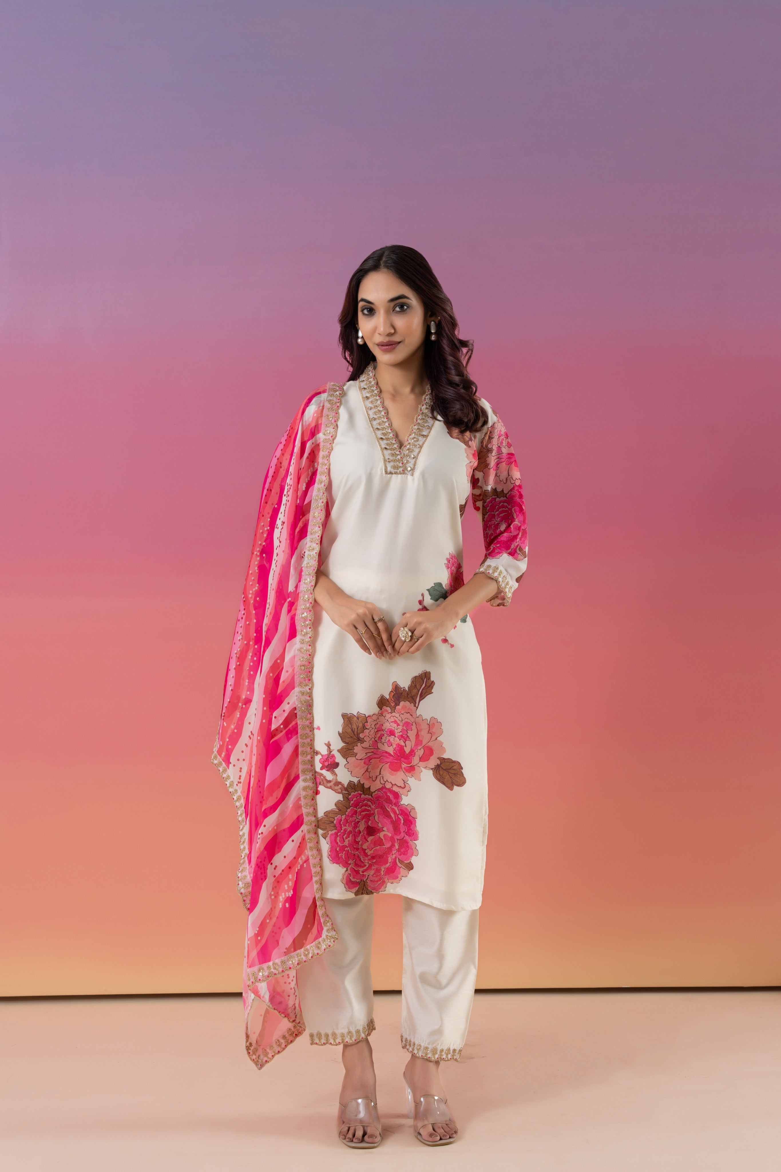 V-neck Floral Straight Suit Set