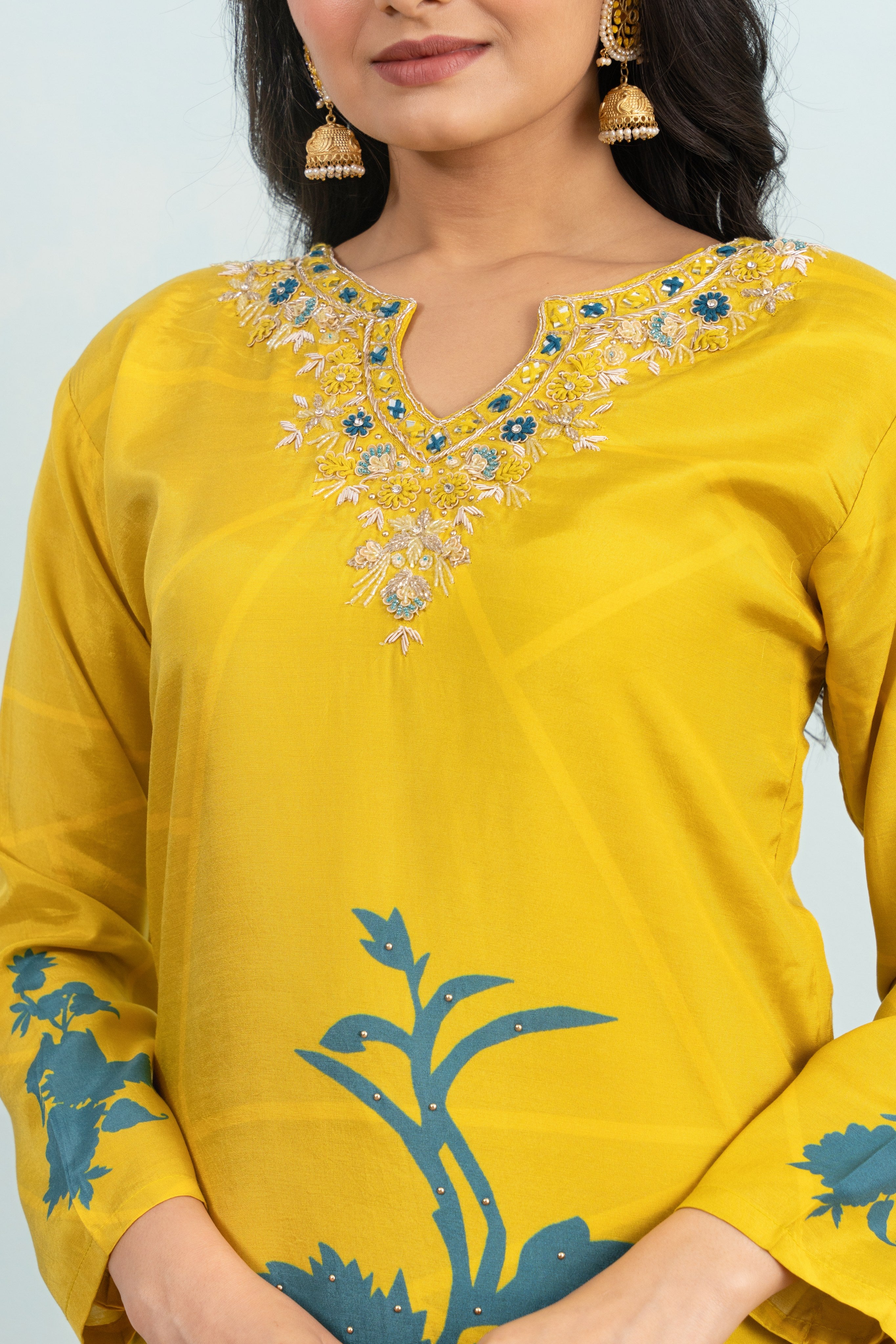 Varamya Lemon Yellow Straight Shimmer Handwork And Printed Suit